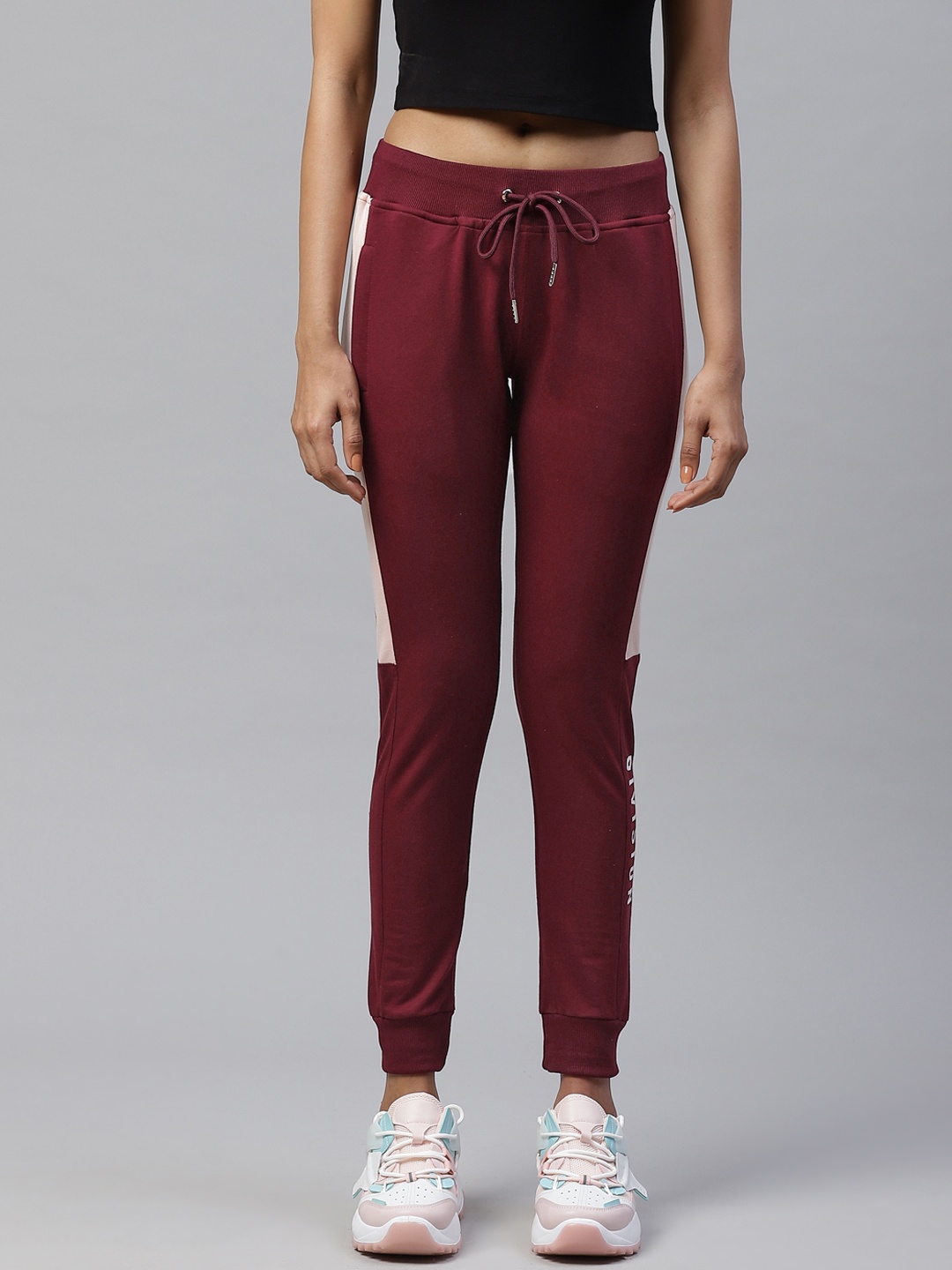 

M7 by Metronaut Women Burgundy Slim Fit Solid Joggers with Contrast Taping Detail