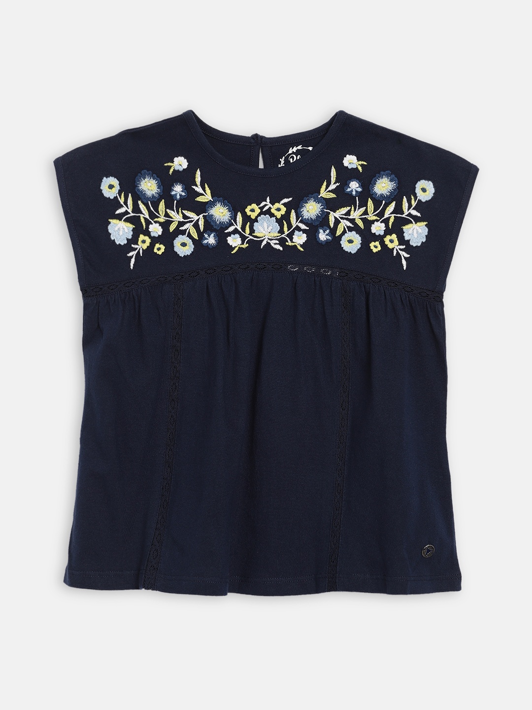 Blue Giraffe Girls Blue Embroidered Henley Neck T-shirt