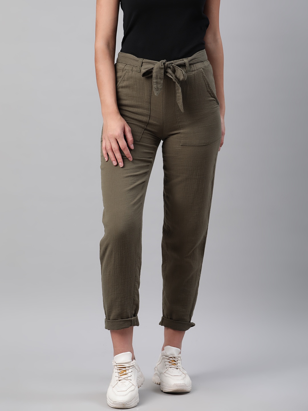 

Marks & Spencer Women Olive Green Cotton Tapered Fit Solid Regular Trousers