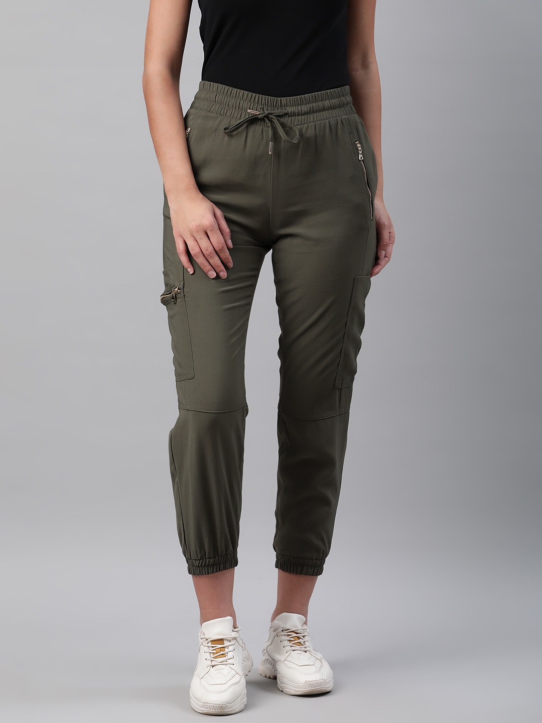 

Marks & Spencer Women Olive Green Tapered Fit Solid Cropped Joggers