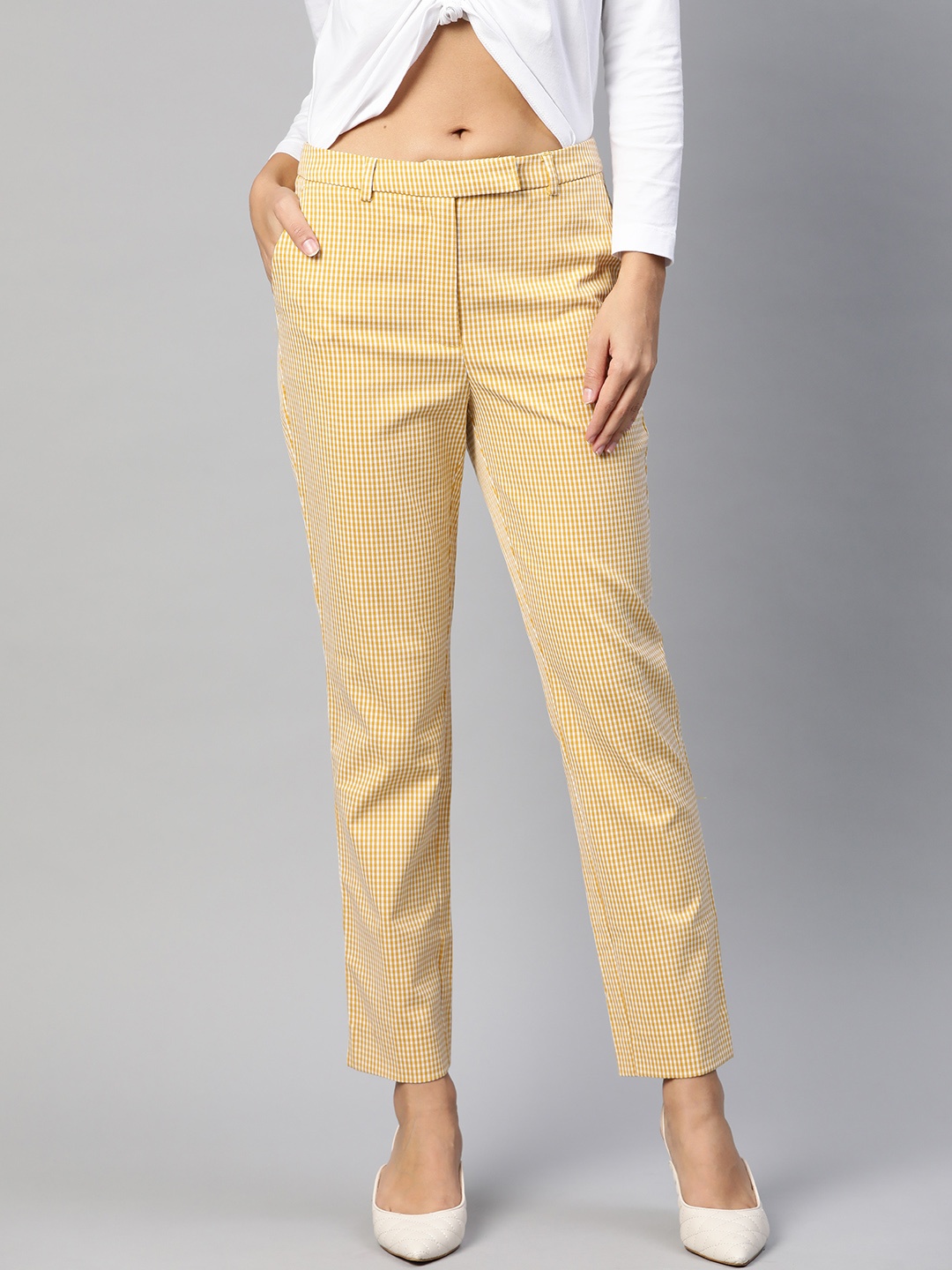 

Marks & Spencer Women Yellow & White Checked Slim Fit Cropped Trousers