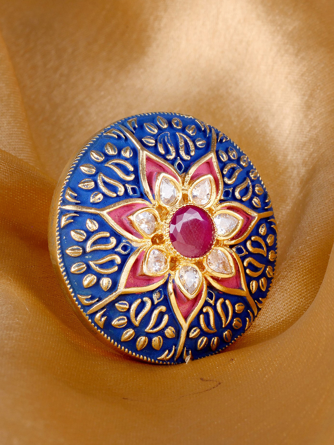 

Saraf RS Jewellery Gold-Plated Blue & White CZ-Studded Enamelled Handcrafted Adjustable Finger Ring