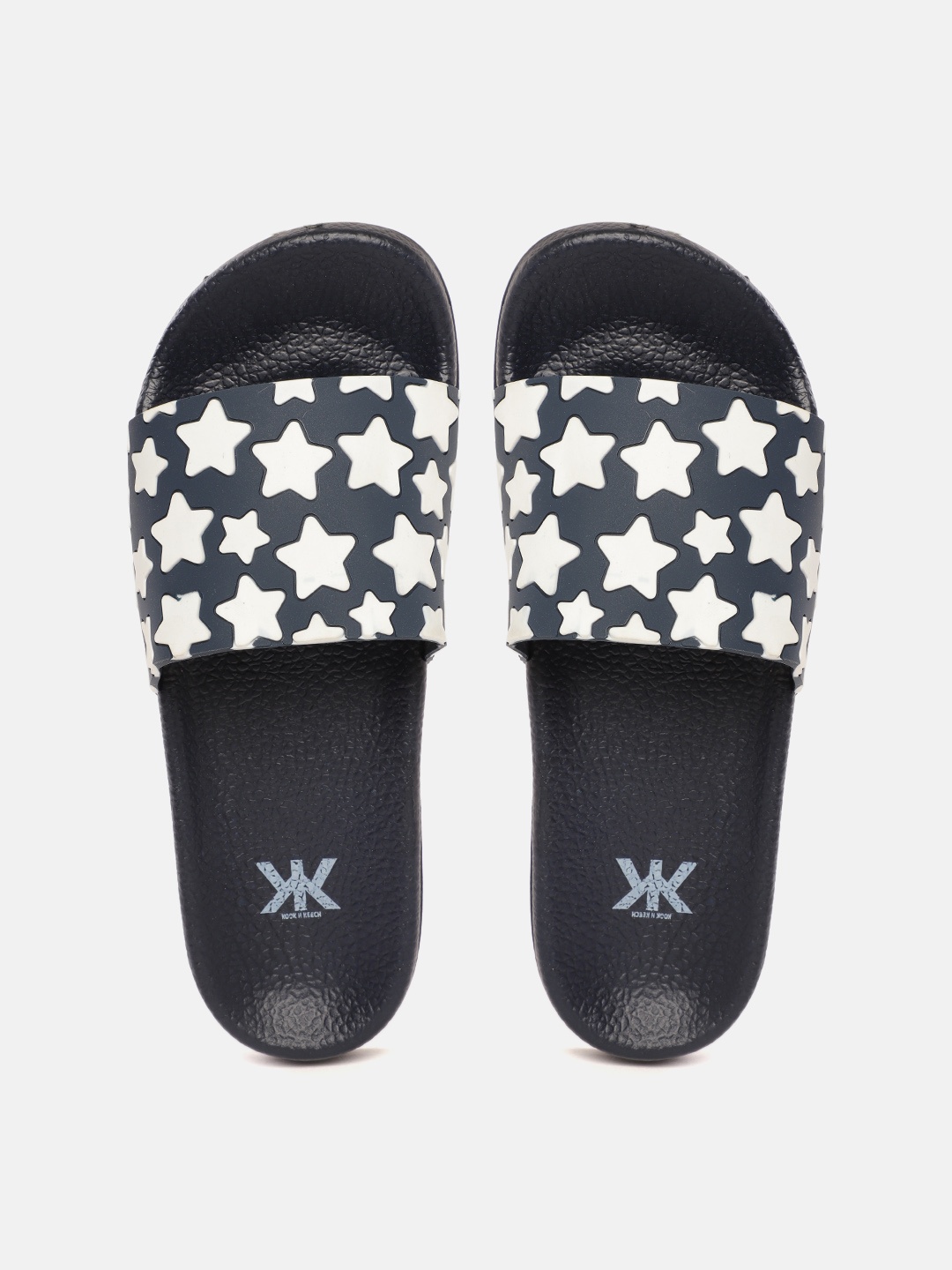 

Kook N Keech Women Navy Blue & White Embossed Star Print Sliders