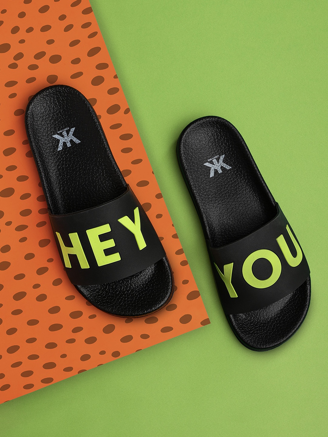 

Kook N Keech Women Black & Green Typography Embossed Sliders