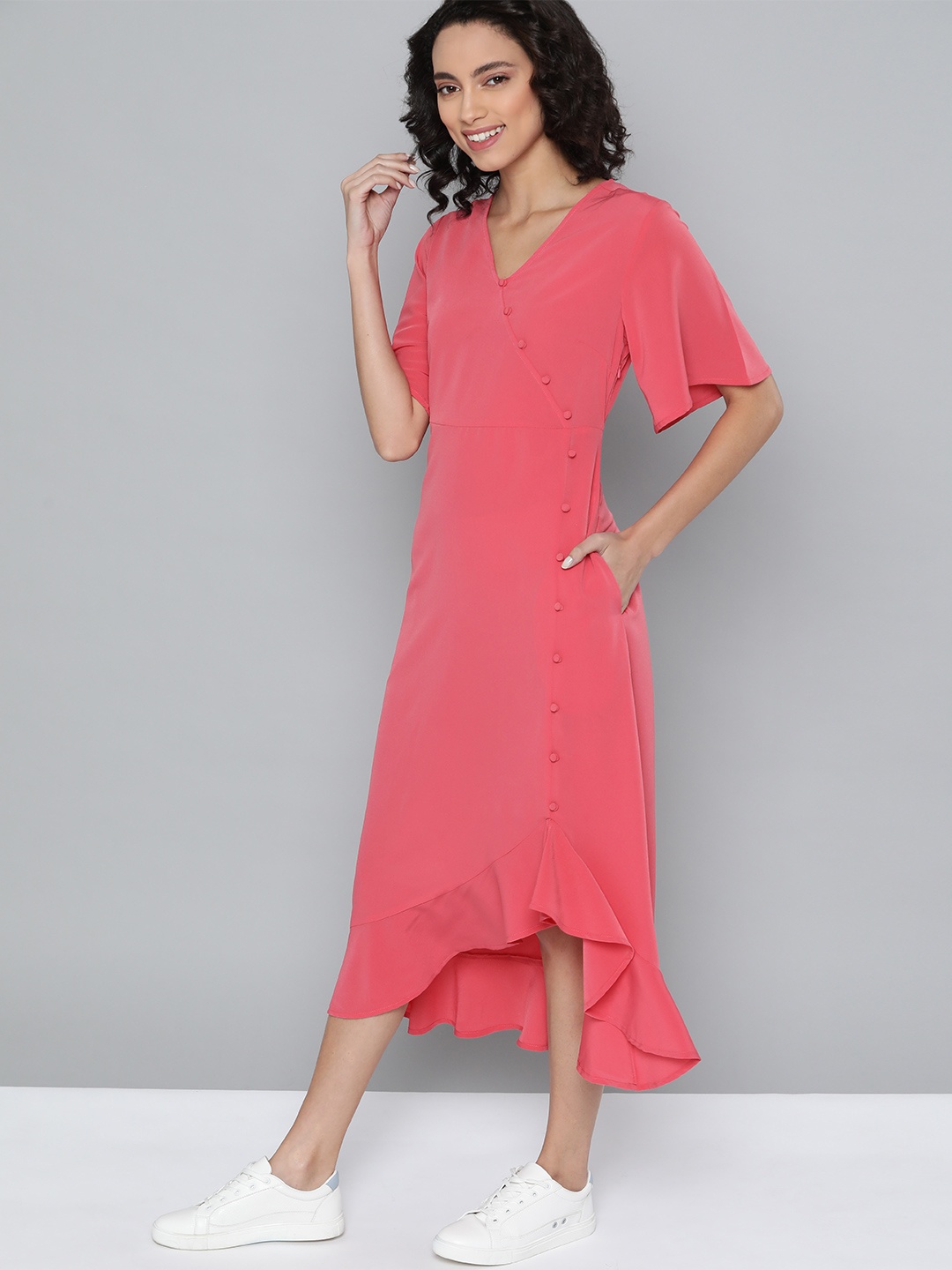 

Mast & Harbour Women Pink Solid Asymmetric Wrap Dress