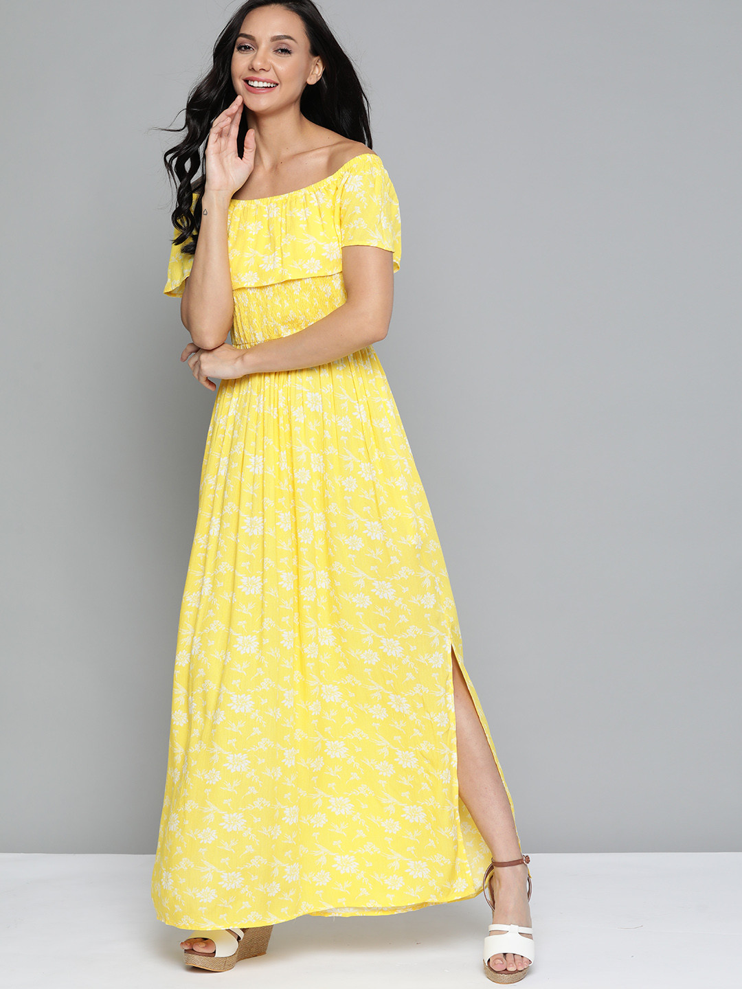 

Mast & Harbour Yellow & Off-White Floral Print Layered Off-Shoulder Maxi Dress