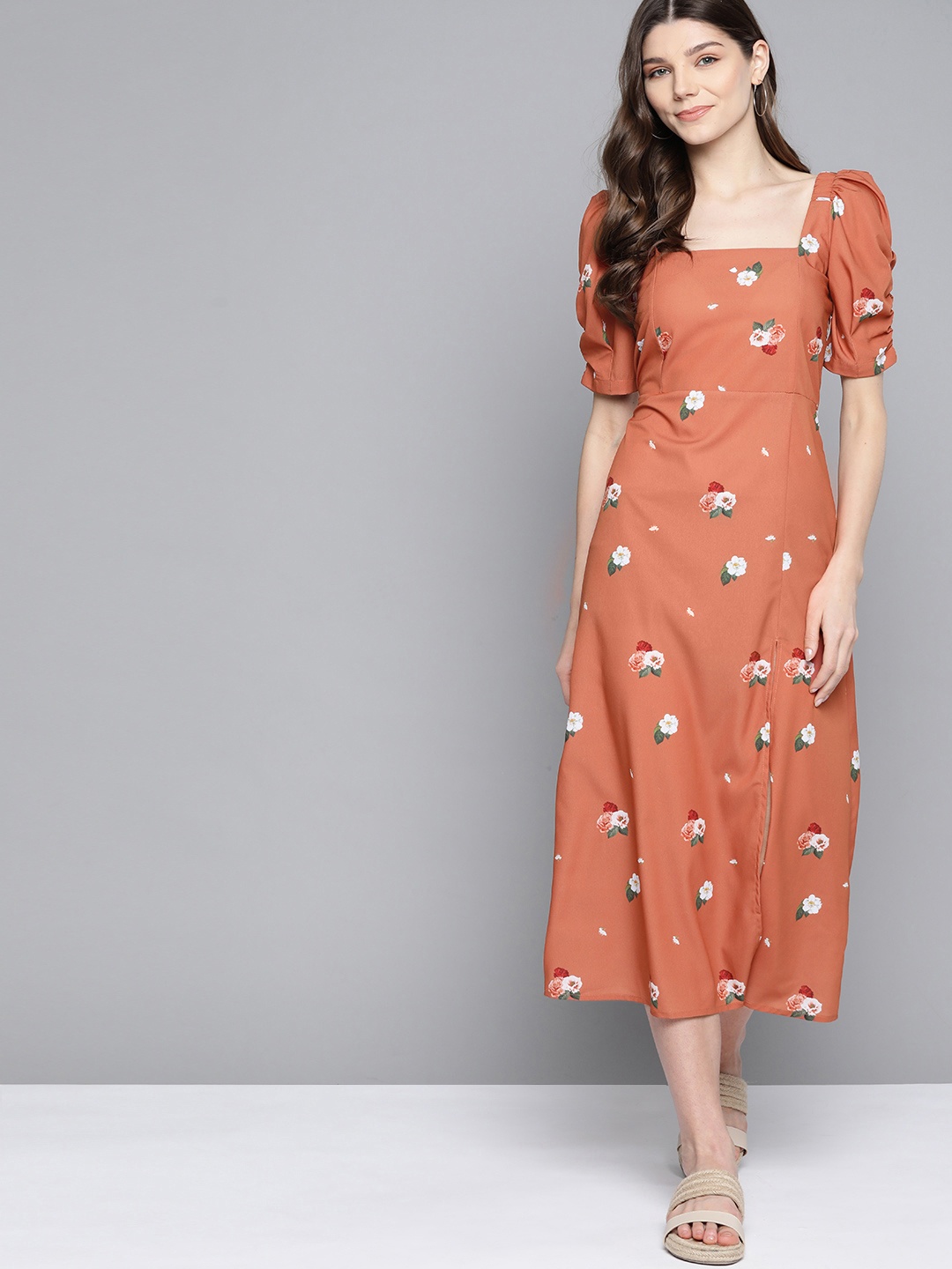 

Mast & Harbour Women Rust Orange & Off-White Floral Printed A-Line Dress