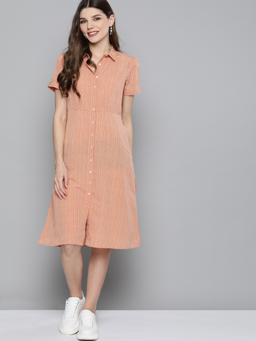 

M&H Our Water SustainableWomen Peach-Coloured Striped Shirt Dress