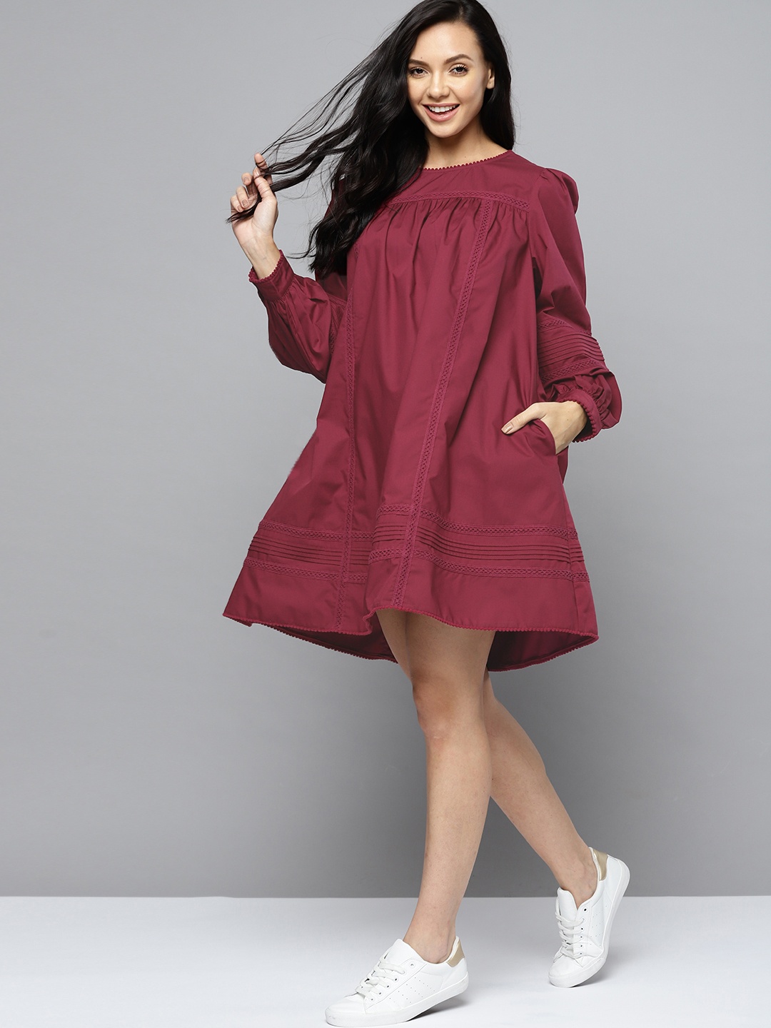 

Mast & Harbour Burgundy Pure Cotton Loose A-Line Dress With Lace Inserts