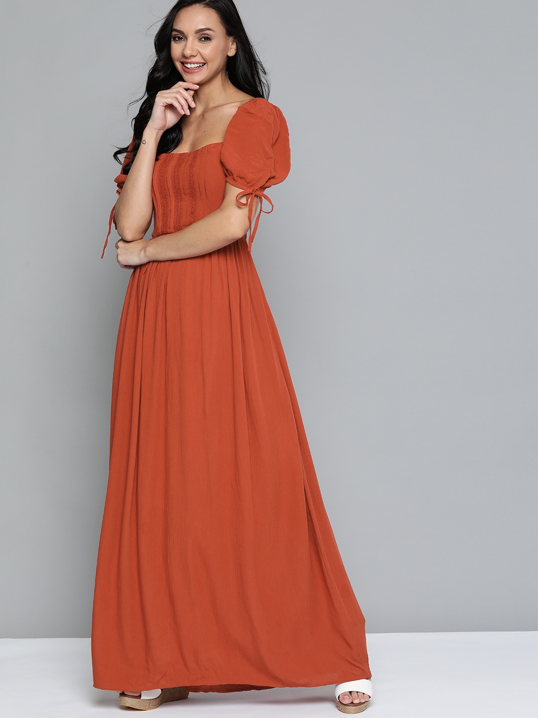 

Mast & Harbour Rust Orange Power Shoulders Maxi Dress