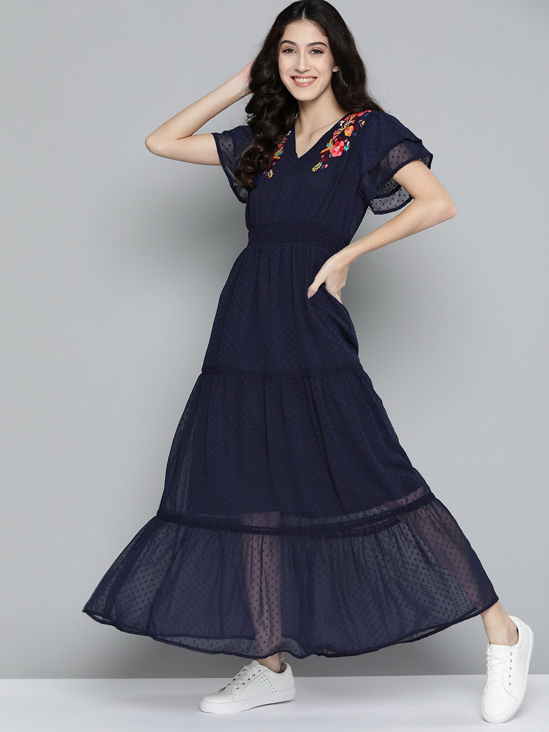 

Mast & Harbour Navy Blue & Coral Pink Ethnic Motifs Embroidered Tiered Maxi Dress