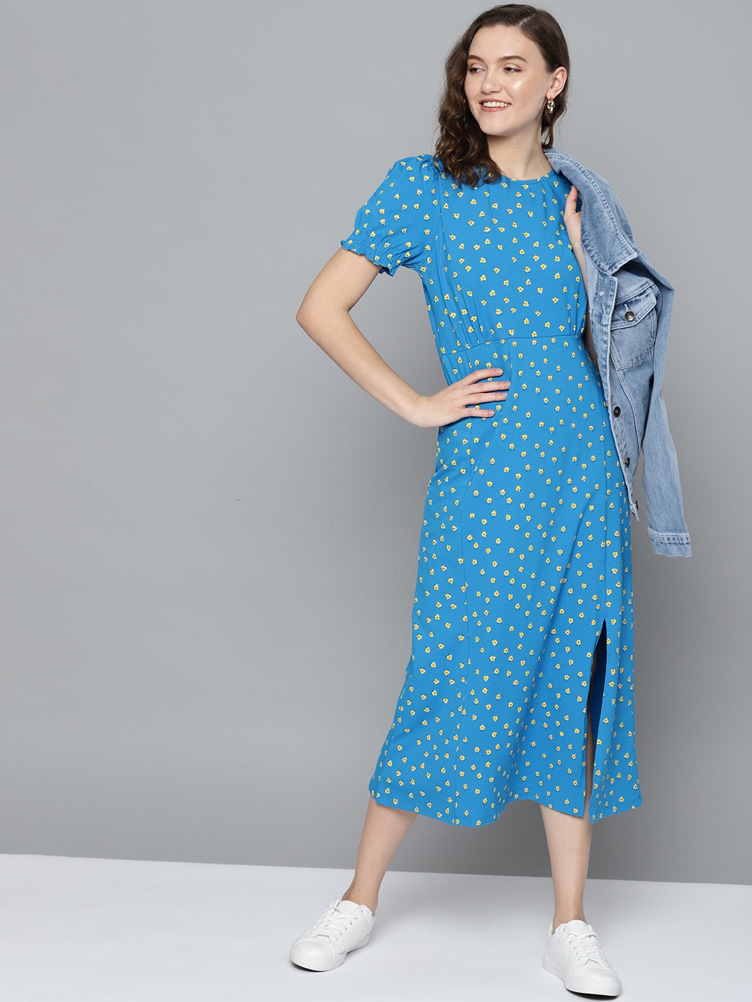 

Mast & Harbour Women Blue & Yellow Floral Midi Slit A-Line Dress