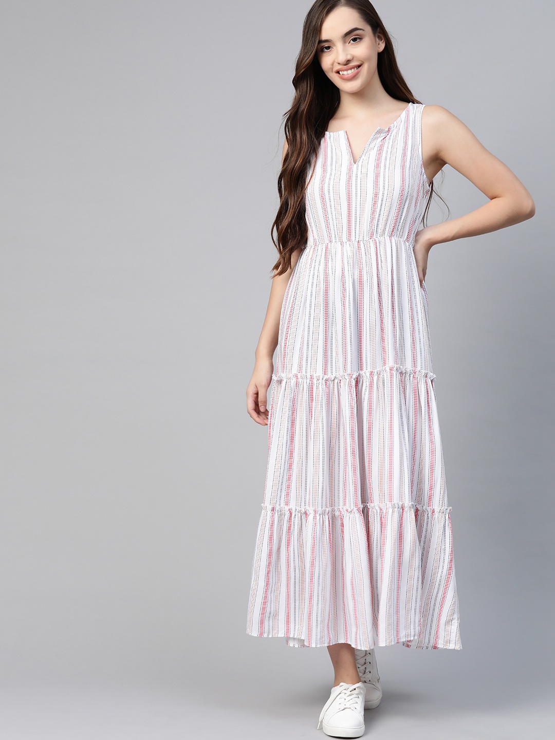 

Mast & Harbour White & Red Striped Tiered A-Line Midi Dress