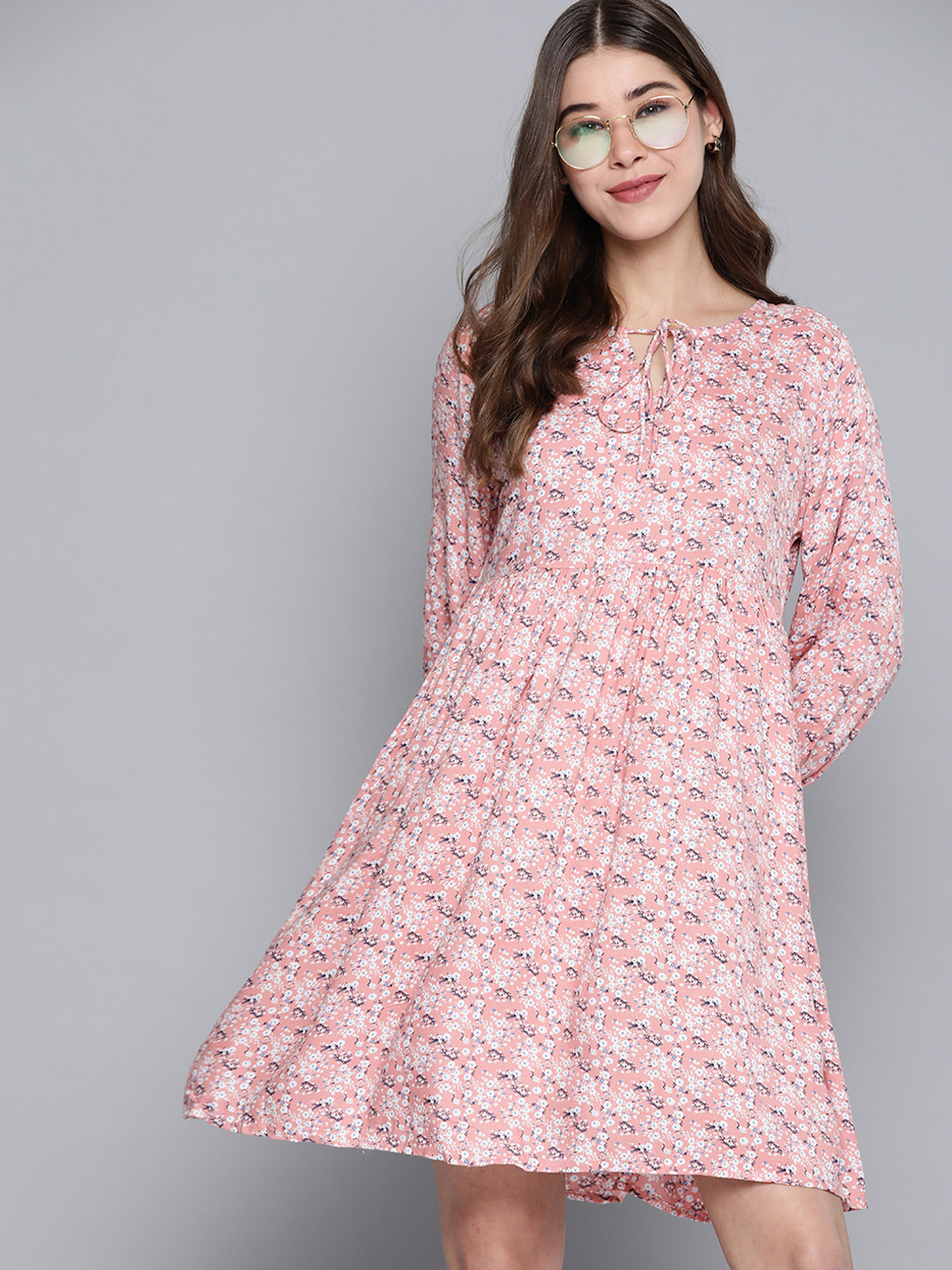 

M&H Our Water Pink & White Sustainable Floral Print Tie-Up Neck A-Line Dress