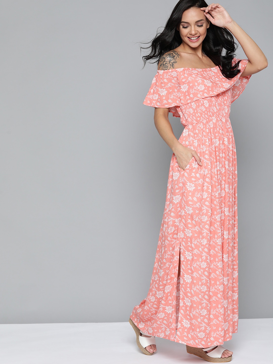 

Mast & Harbour Pink & Off White Floral Print Layered Off-Shoulder Maxi Dress