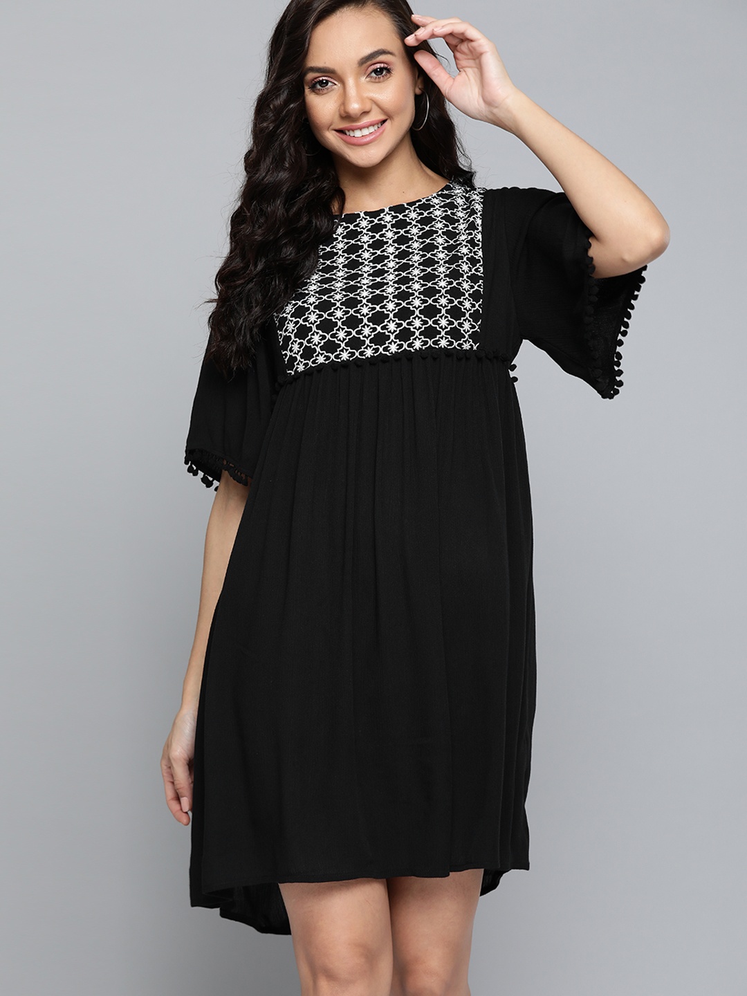 

Mast & Harbour Black & White Ethnic Motifs Embroidered Yoke A-Line Dress