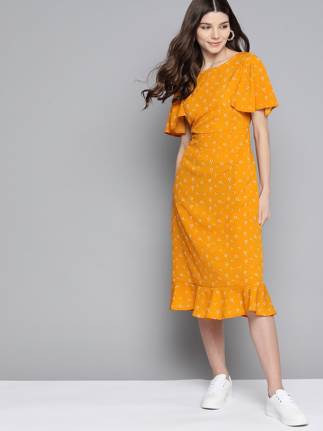 

Mast & Harbour Women Mustard Floral Print A-Line Dress