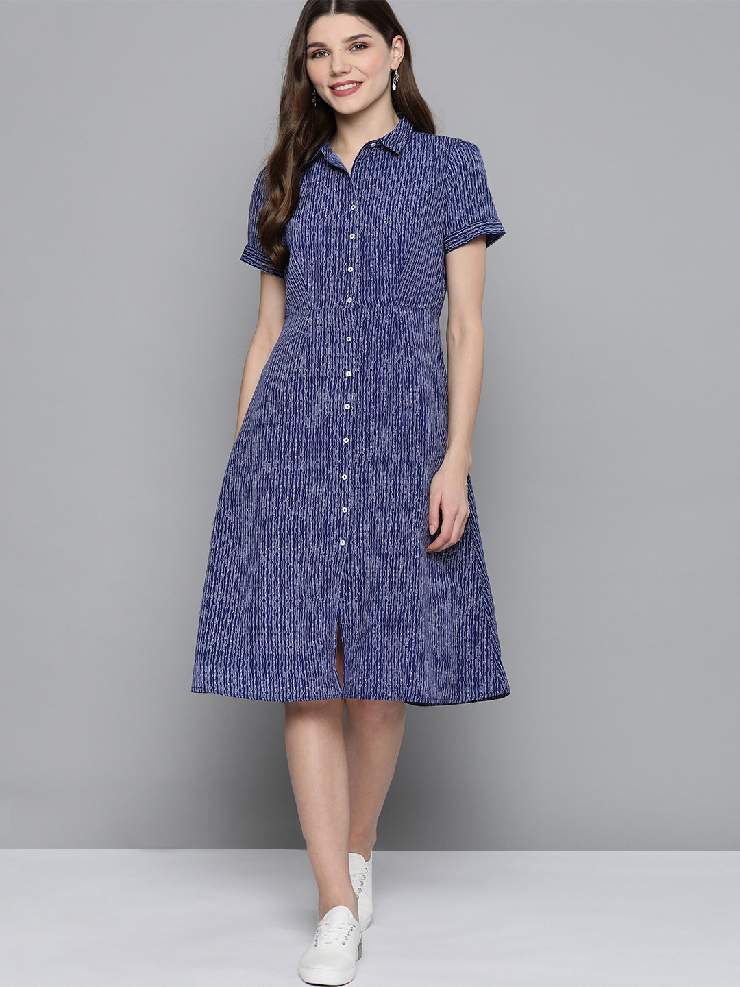 

M&H Our Water SustainableWomen Navy Blue Striped Shirt Dress