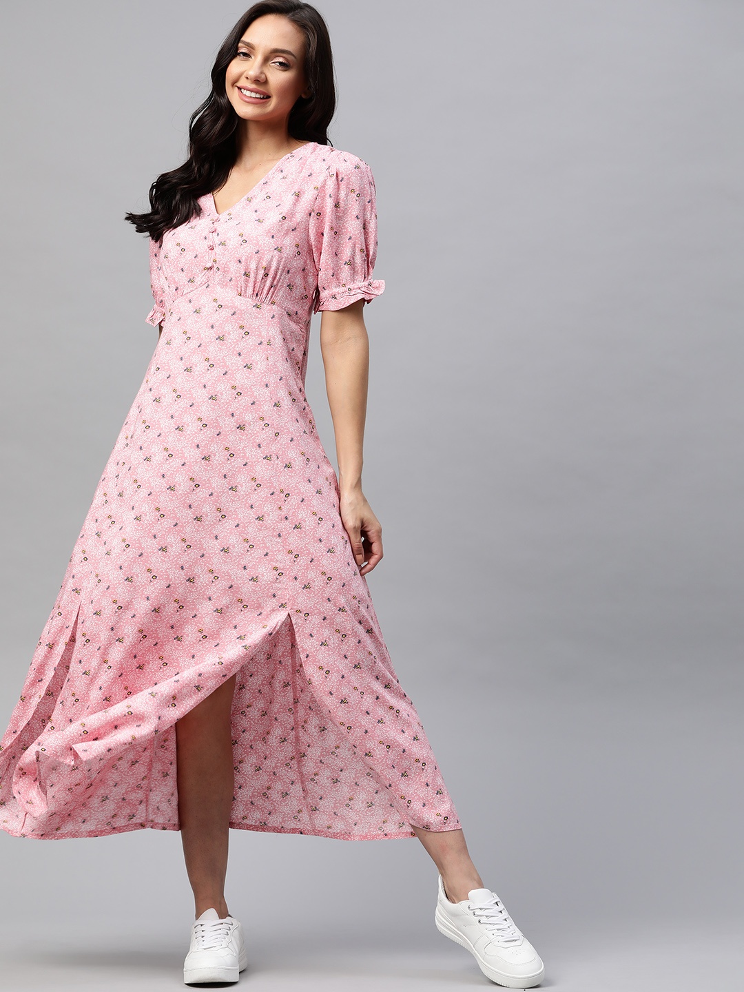 

Mast & Harbour Pink & White Floral Print Front Slits Empire Maxi Dress