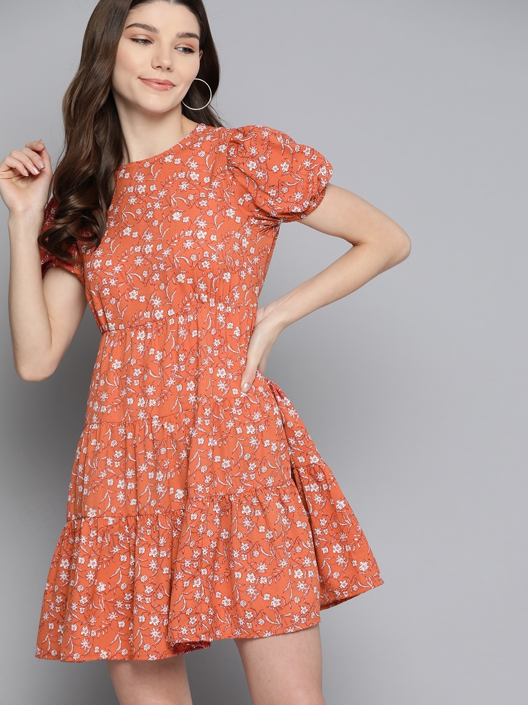 

Mast & Harbour Women Coral Orange Printed A-Line Tiered Dress