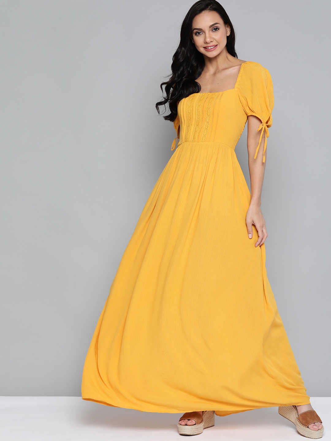 

Mast & Harbour Mustard Yellow Power Shoulders Maxi Dress