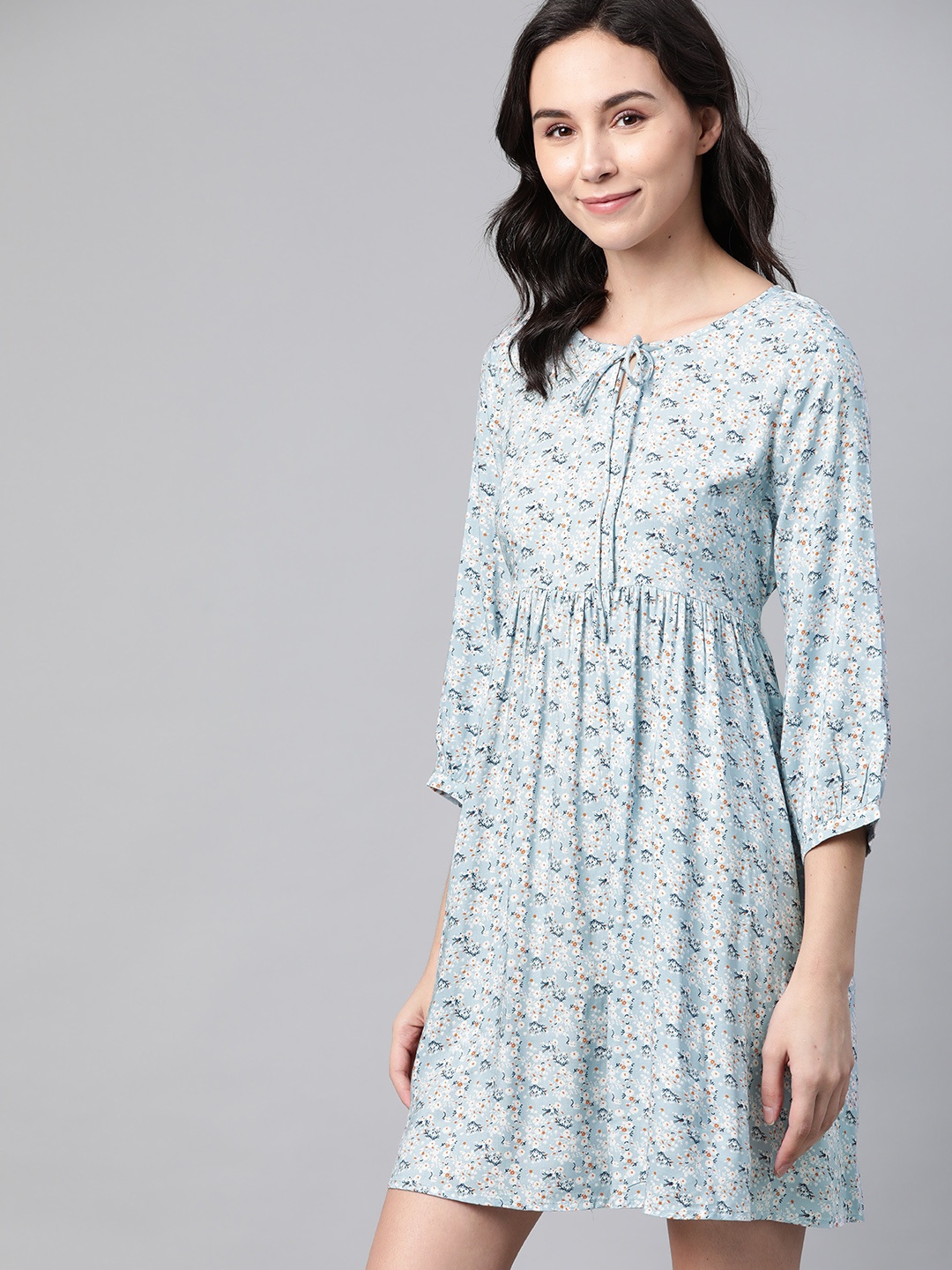 

M&H Our Water Blue & Off-White Sustainable Floral Print Tie-Up Neck A-Line Dress