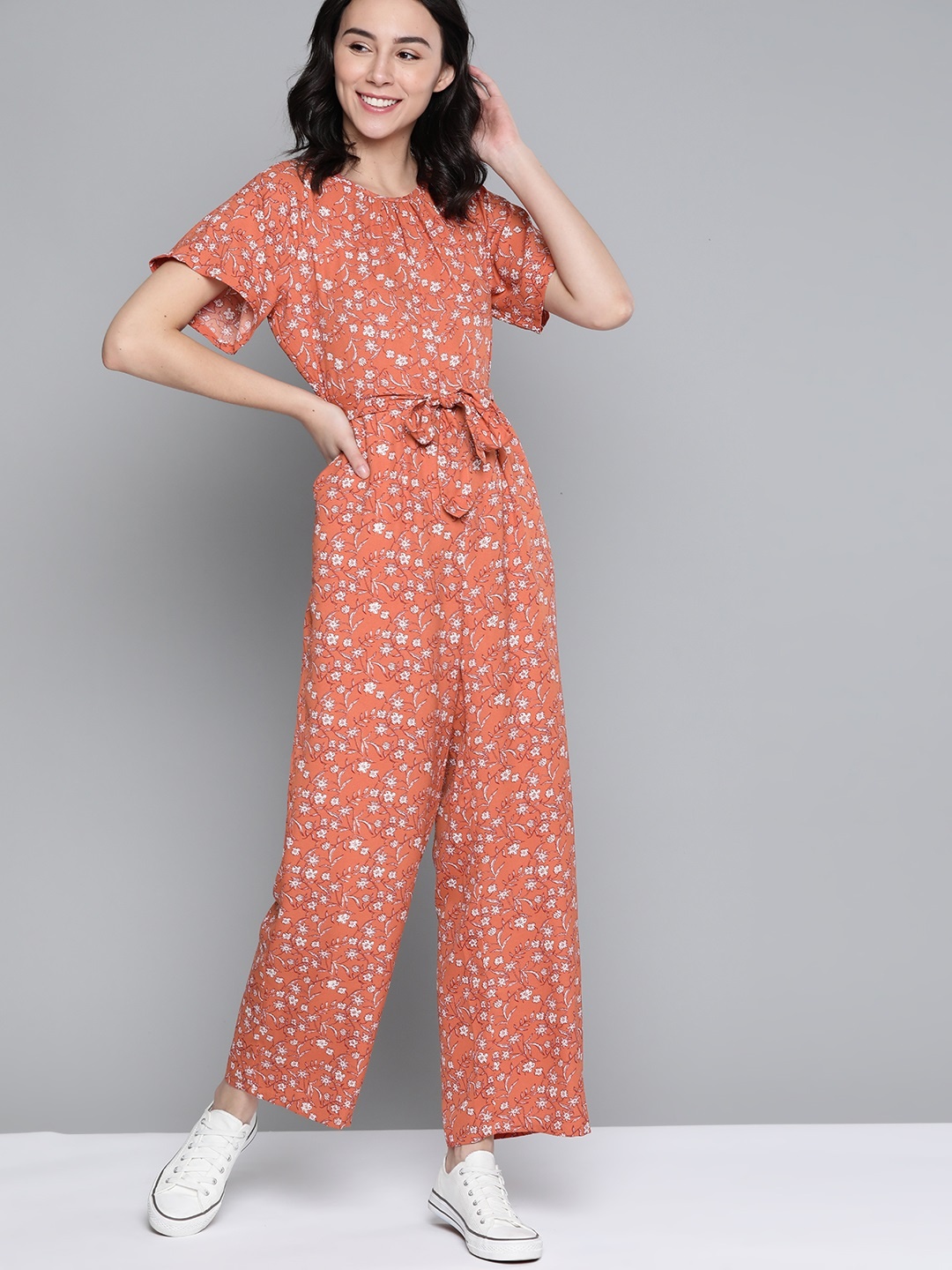 

Mast & Harbour Women Rust Orange & White Floral Print Basic Jumpsuit & Belt