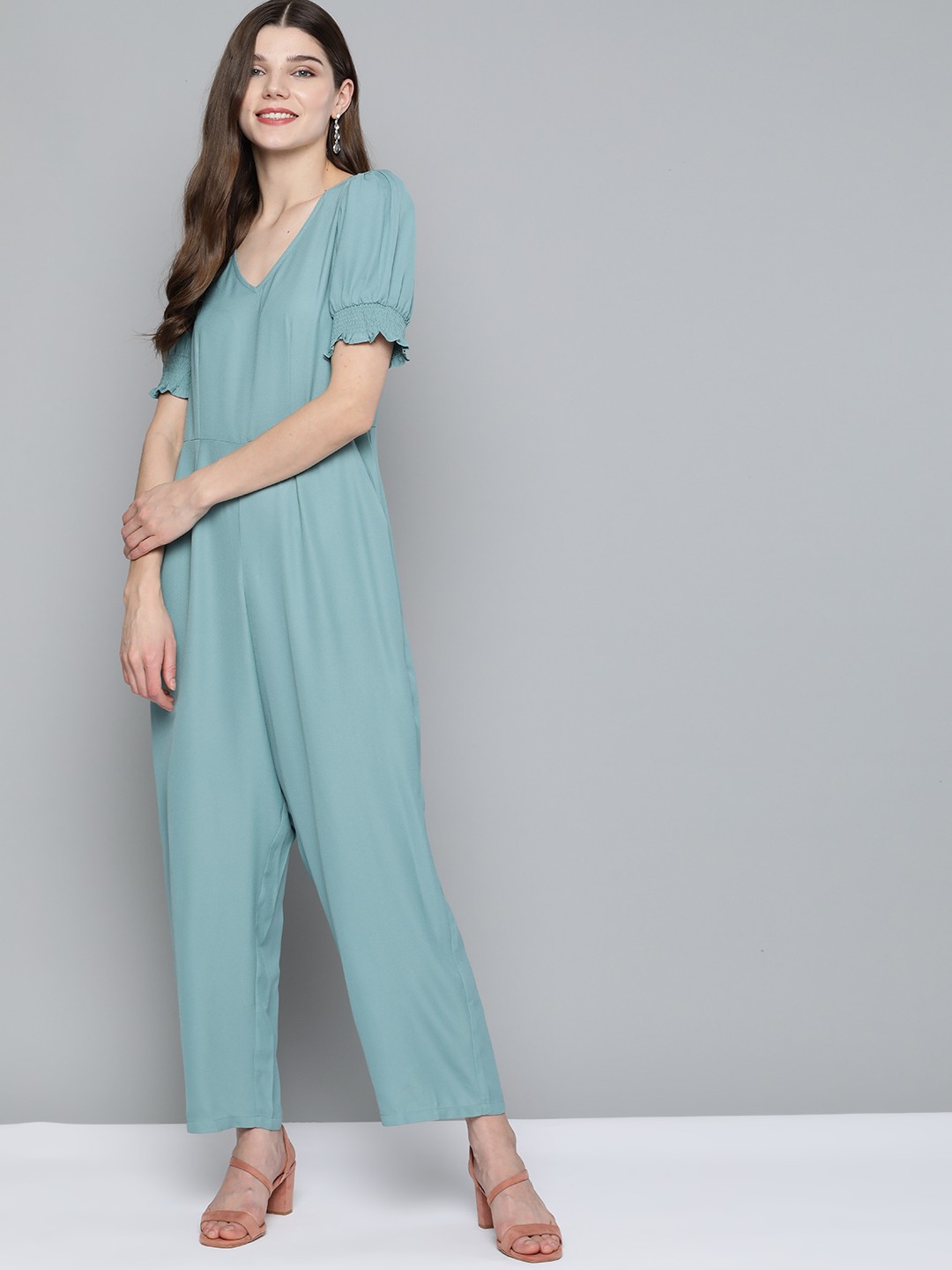 

Mast & Harbour Women Blue Puff Sleeves Solid Basic Jumpsuit
