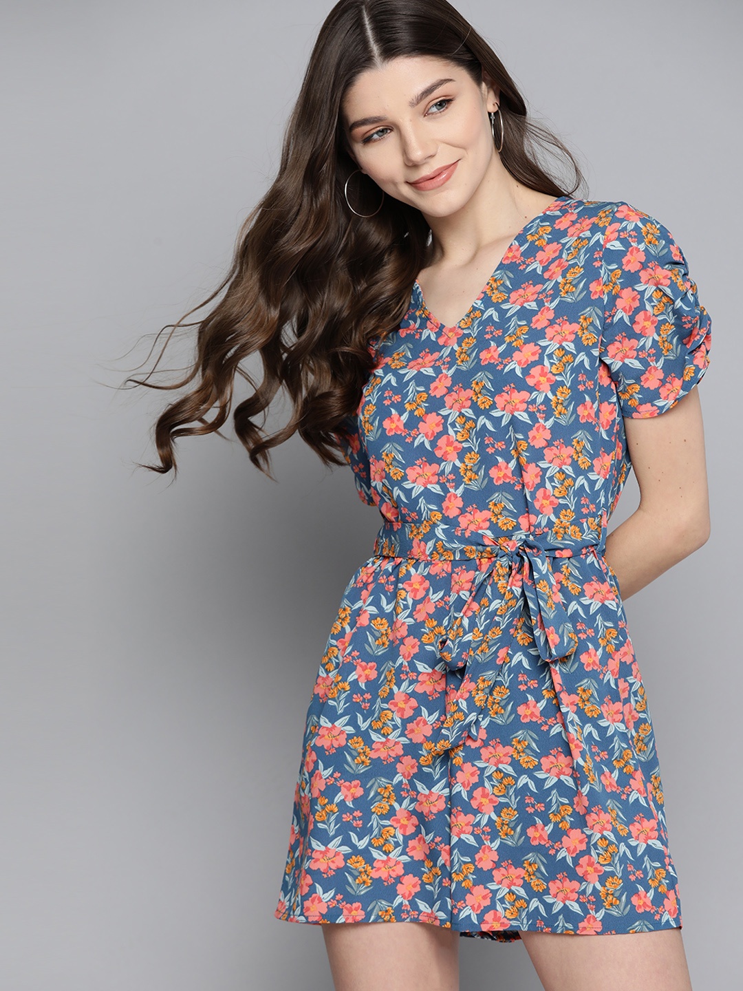 

Mast & Harbour Women Blue & Peach-Coloured Floral Print Playsuit