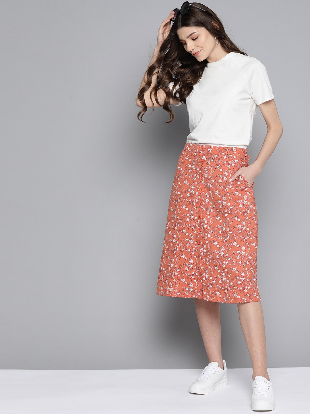 

Mast & Harbour Women Coral Orange & White Printed A-Line Skirt