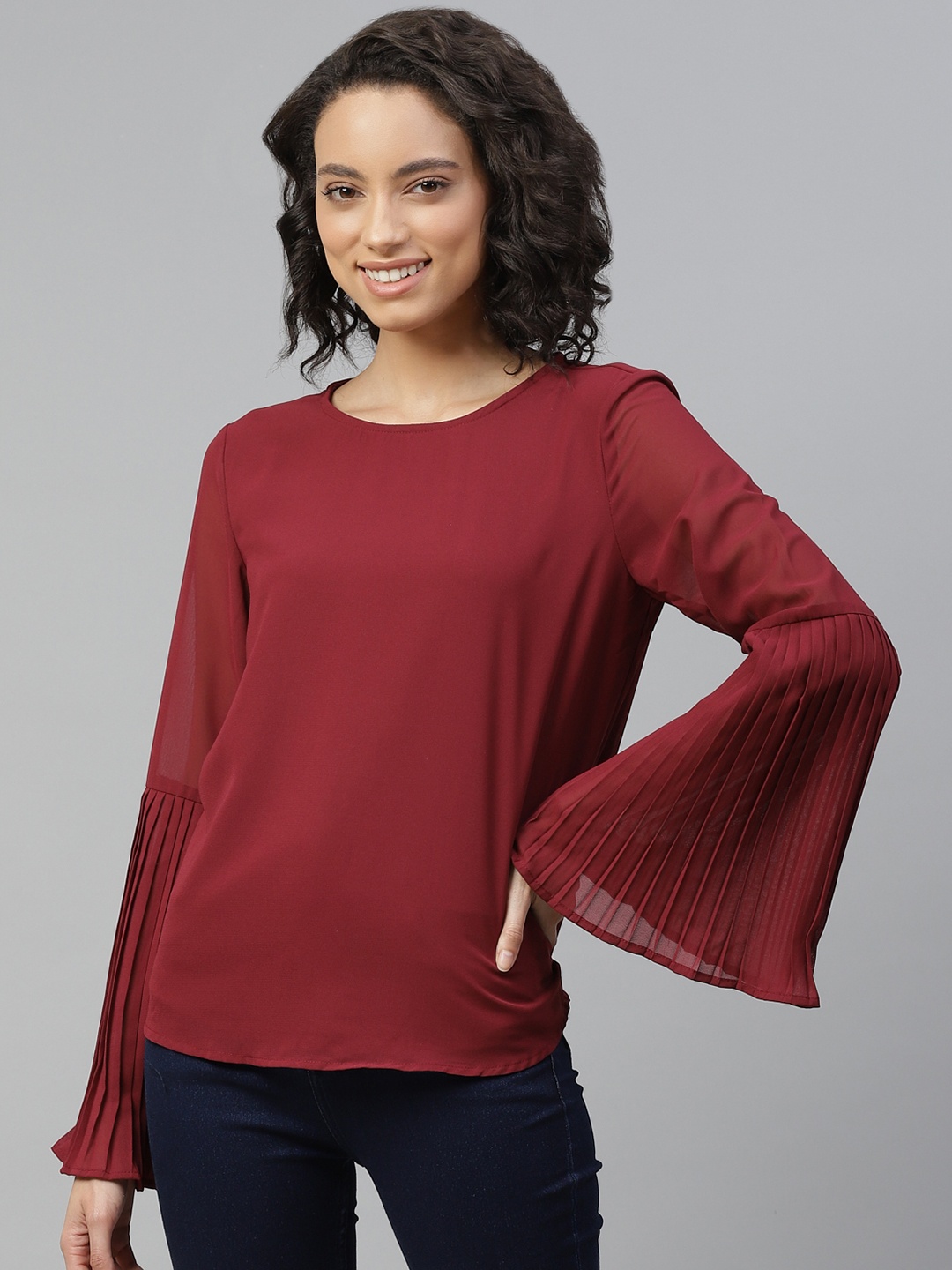 

Mast & Harbour Women Burgundy Solid Bell Sleeve Accordion Pleats Regular Top