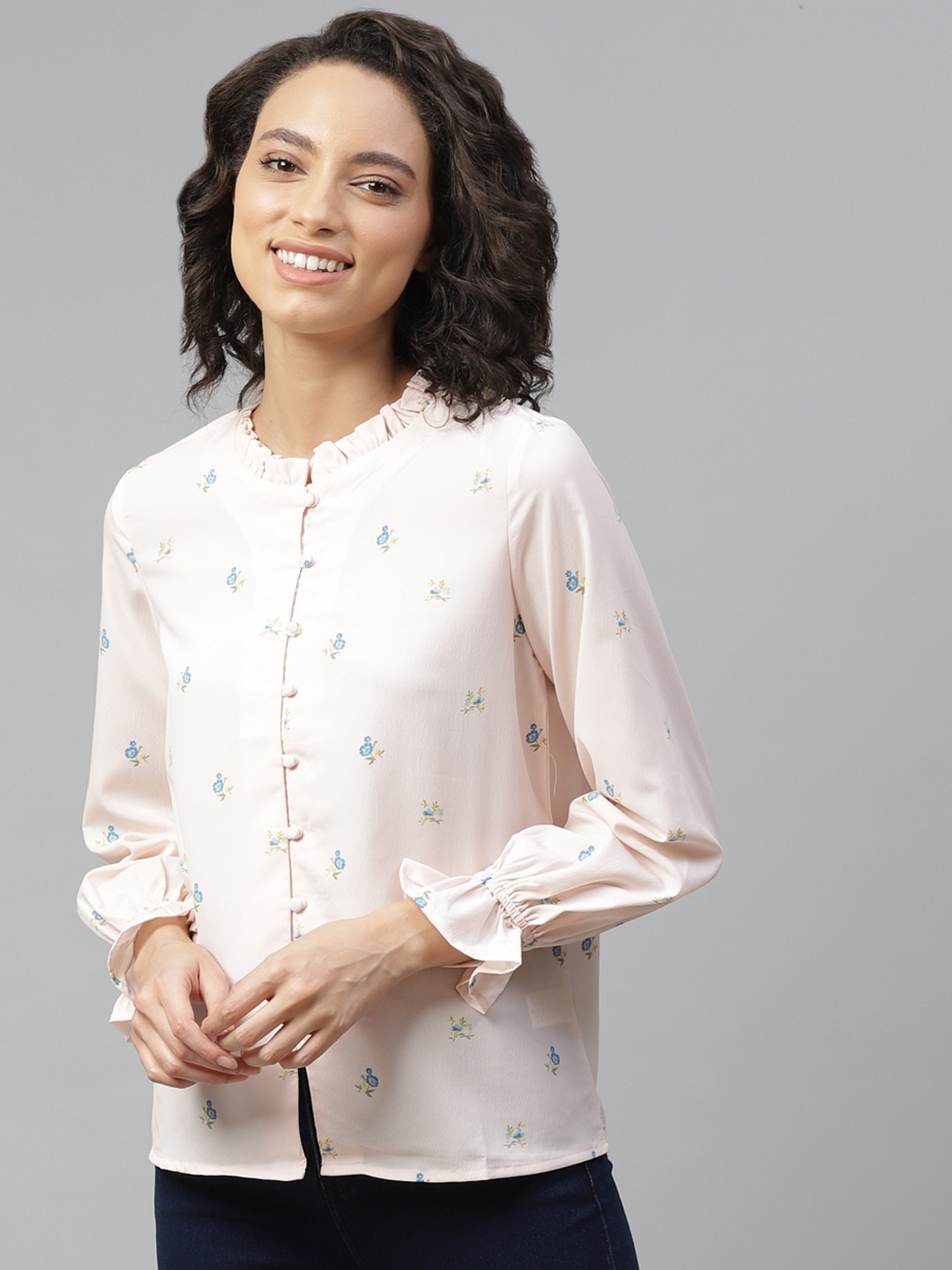 

Mast & Harbour Women Cream-Coloured & Blue Floral Bell Sleeve Ruffles Regular Top