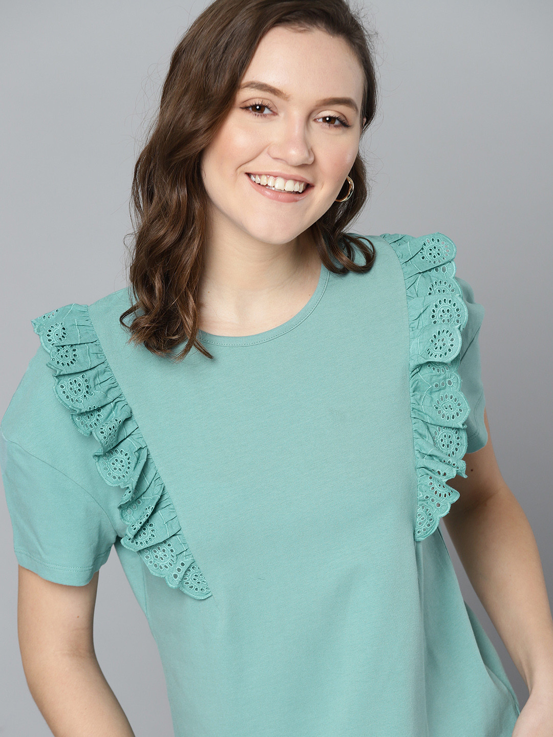 

Mast & Harbour Sea Green Solid Regular Top with Schiffli Embroidered Detail