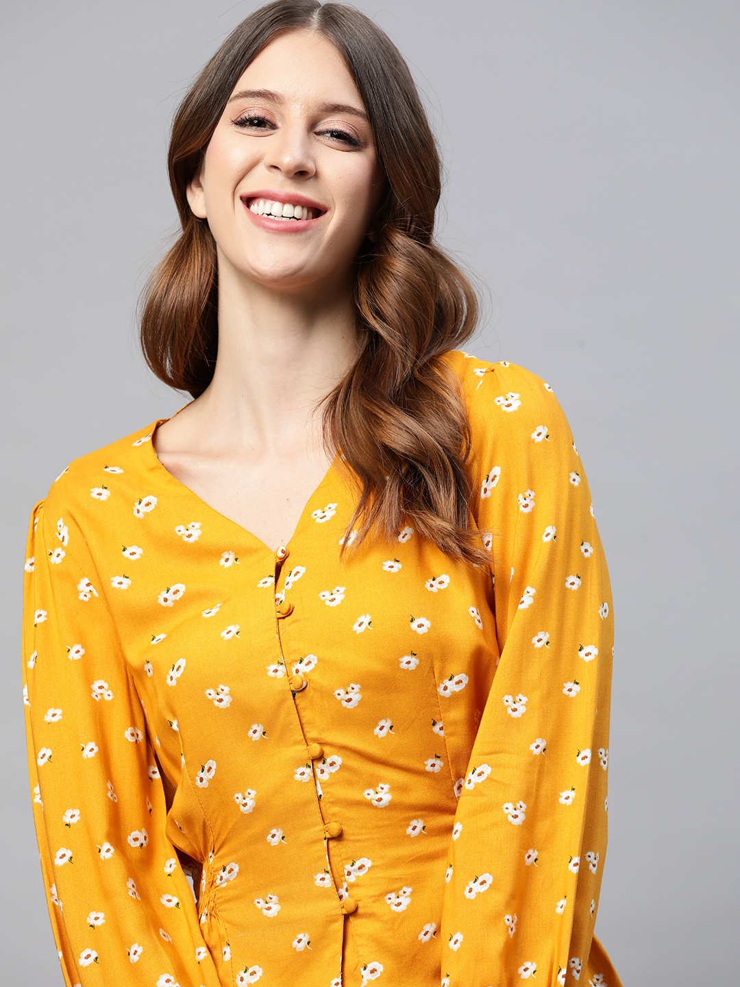 

Mast & Harbour Mustard Yellow & White Floral Puff Sleeve Smocked Cinched Waist Top