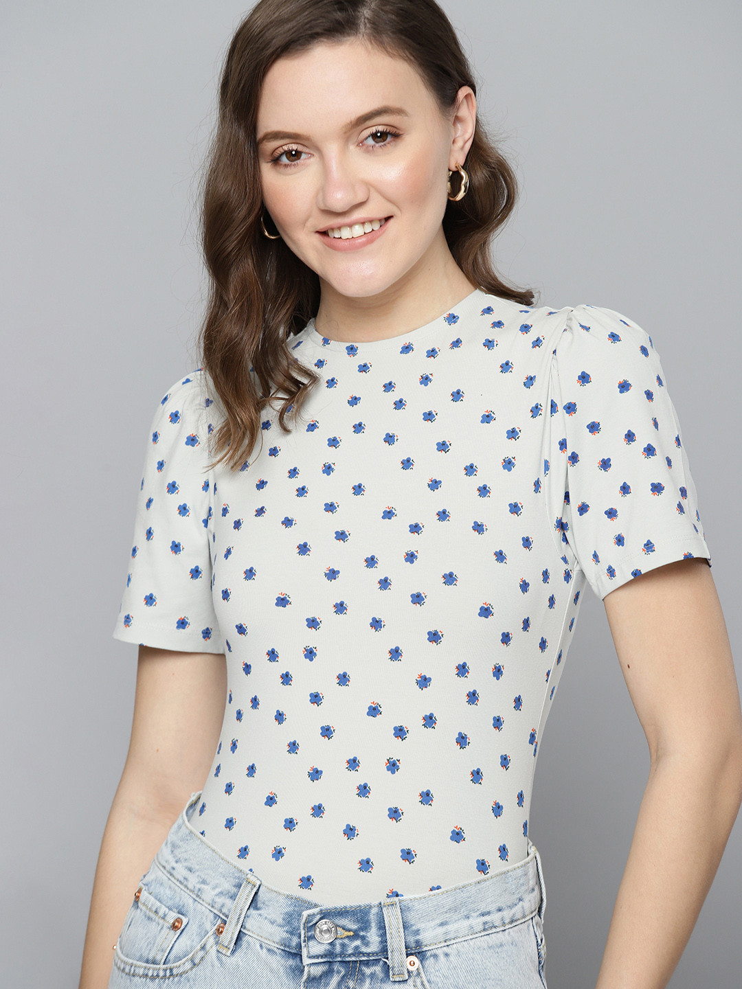 

Mast & Harbour Women Light Grey & Blue Floral Printed Bodysuit