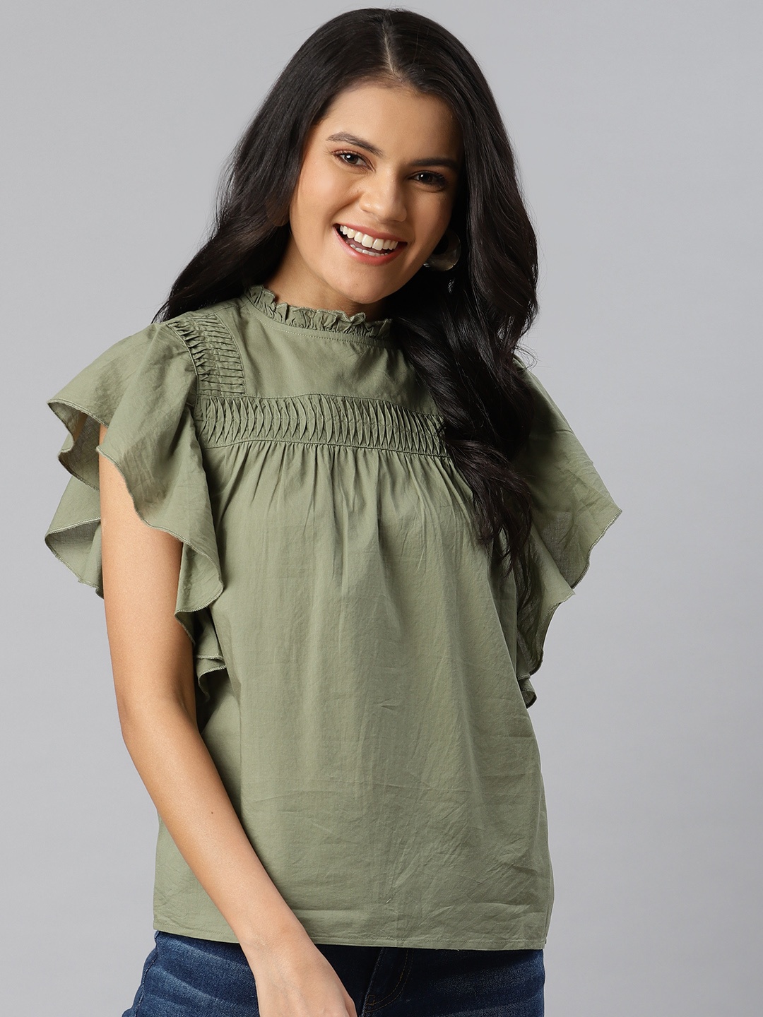 

Mast & Harbour Green Solid Pure Cotton Flutter Sleeve Regular Top