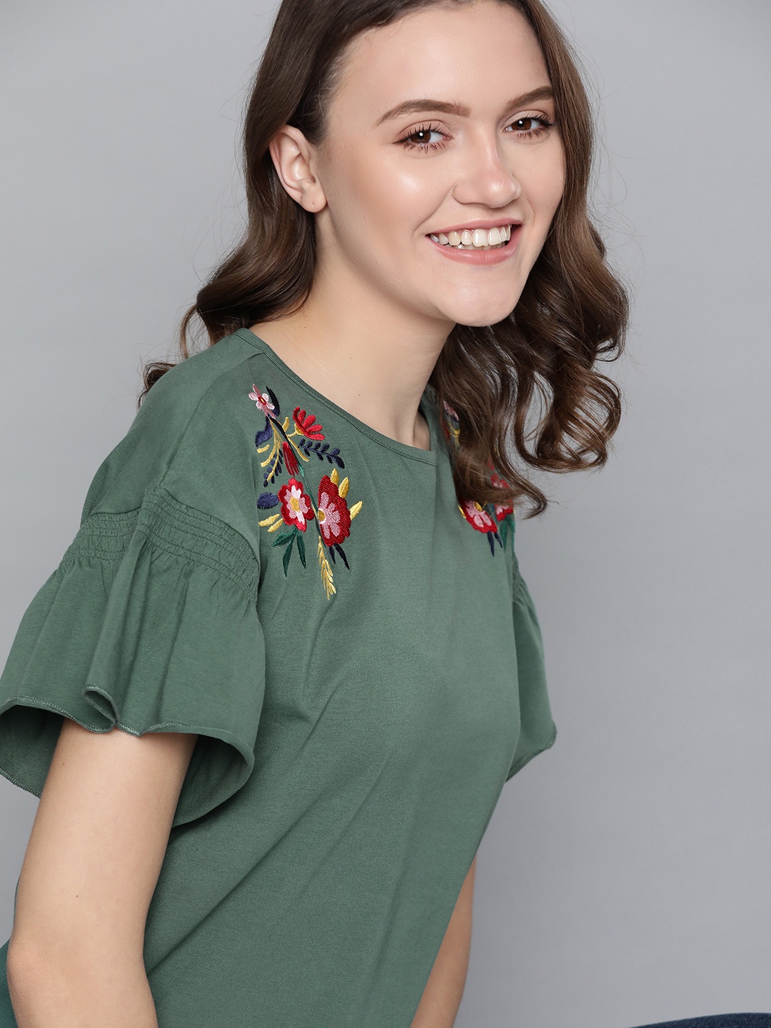 

Mast & Harbour Women Green & Red Ethnic Motifs Embroidered Regular Top