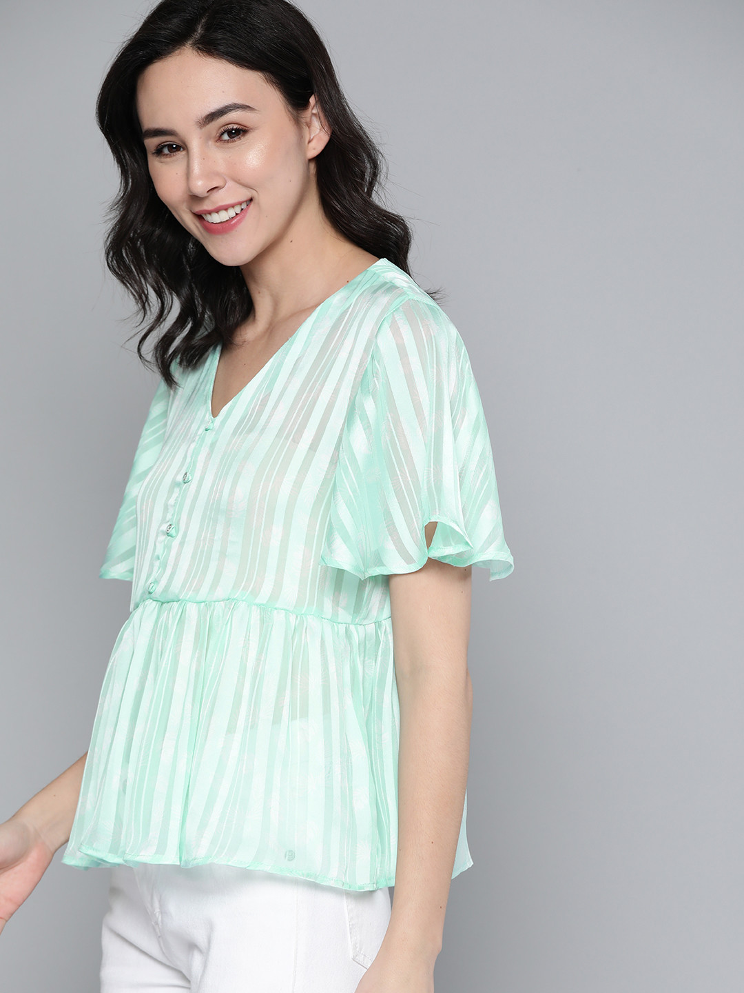 

Mast & Harbour Blue & White Striped Flutter Sleeves A-Line Top