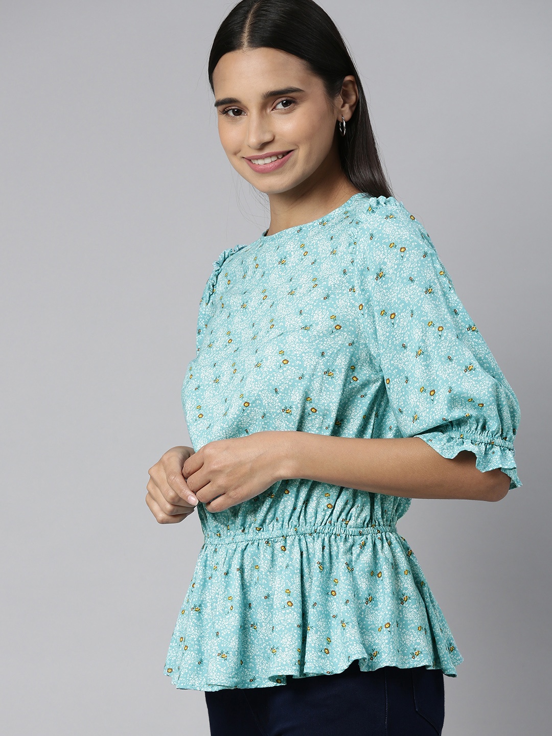 

Mast & Harbour Sea Green Floral Puff Sleeve A-Line Top