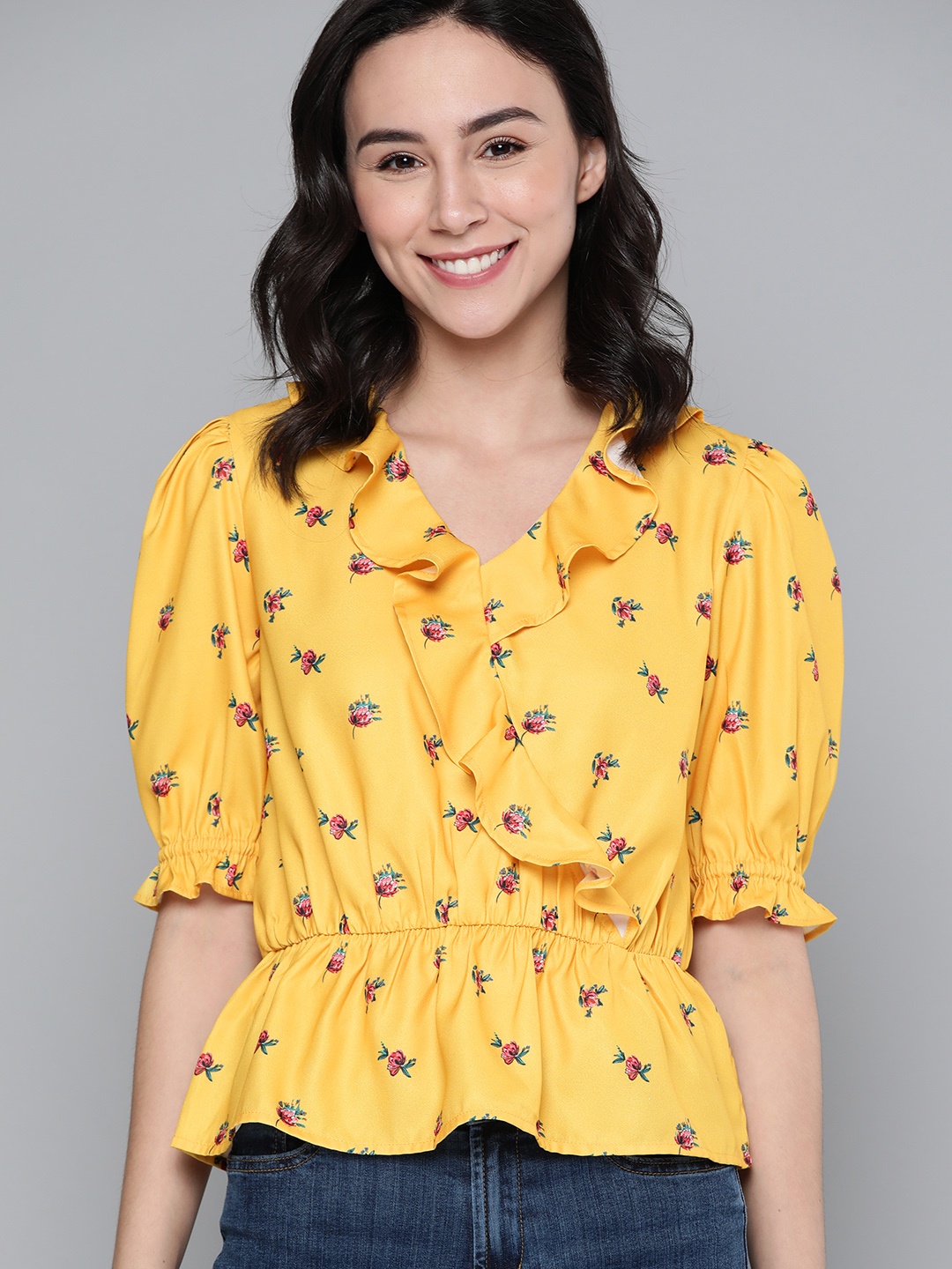 

Mast & Harbour Yellow & Pink Floral Printed Puff Sleeves Cinched Waist Top