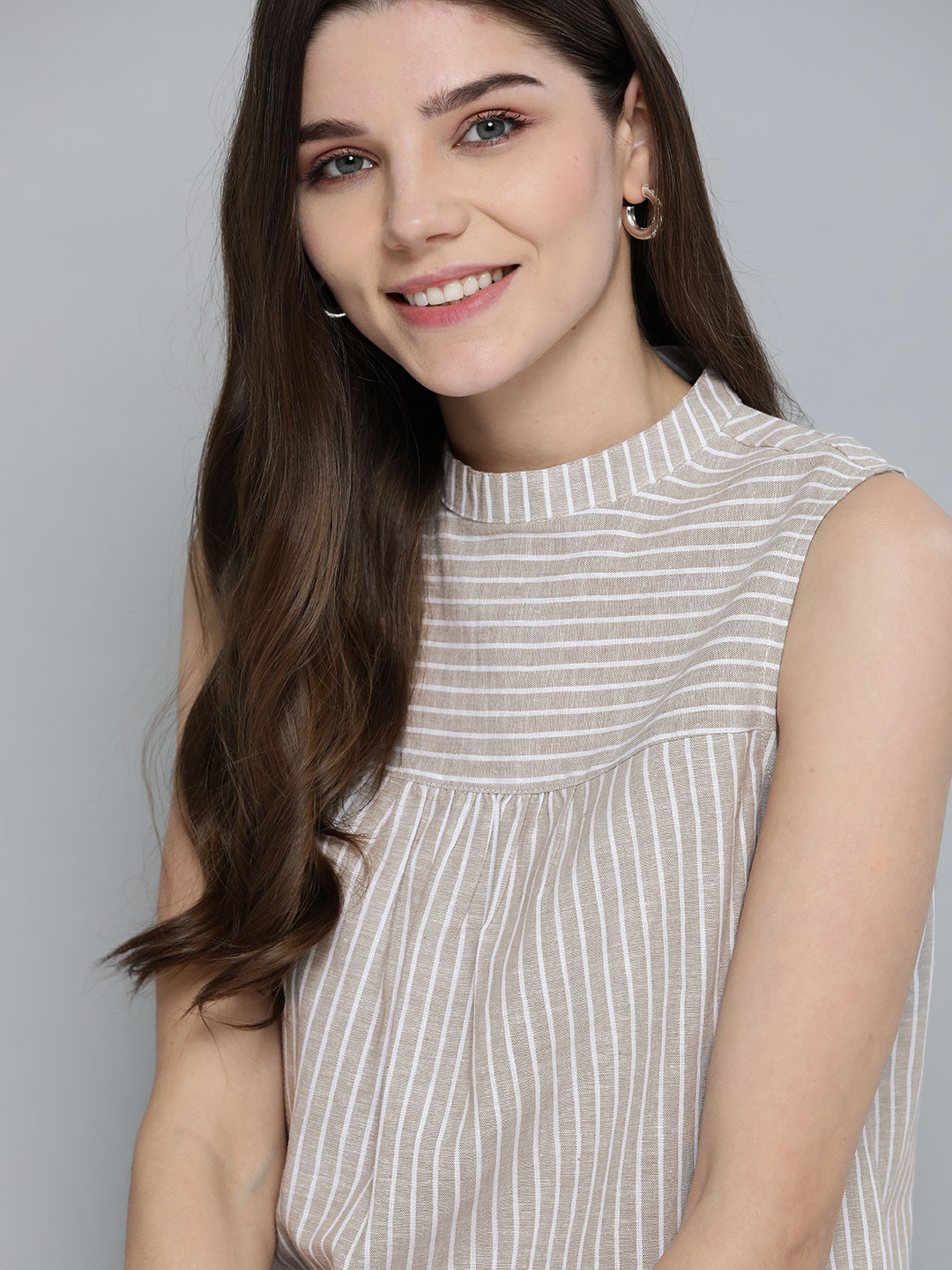 

Mast & Harbour Beige & White Striped Linen Blend Regular Top