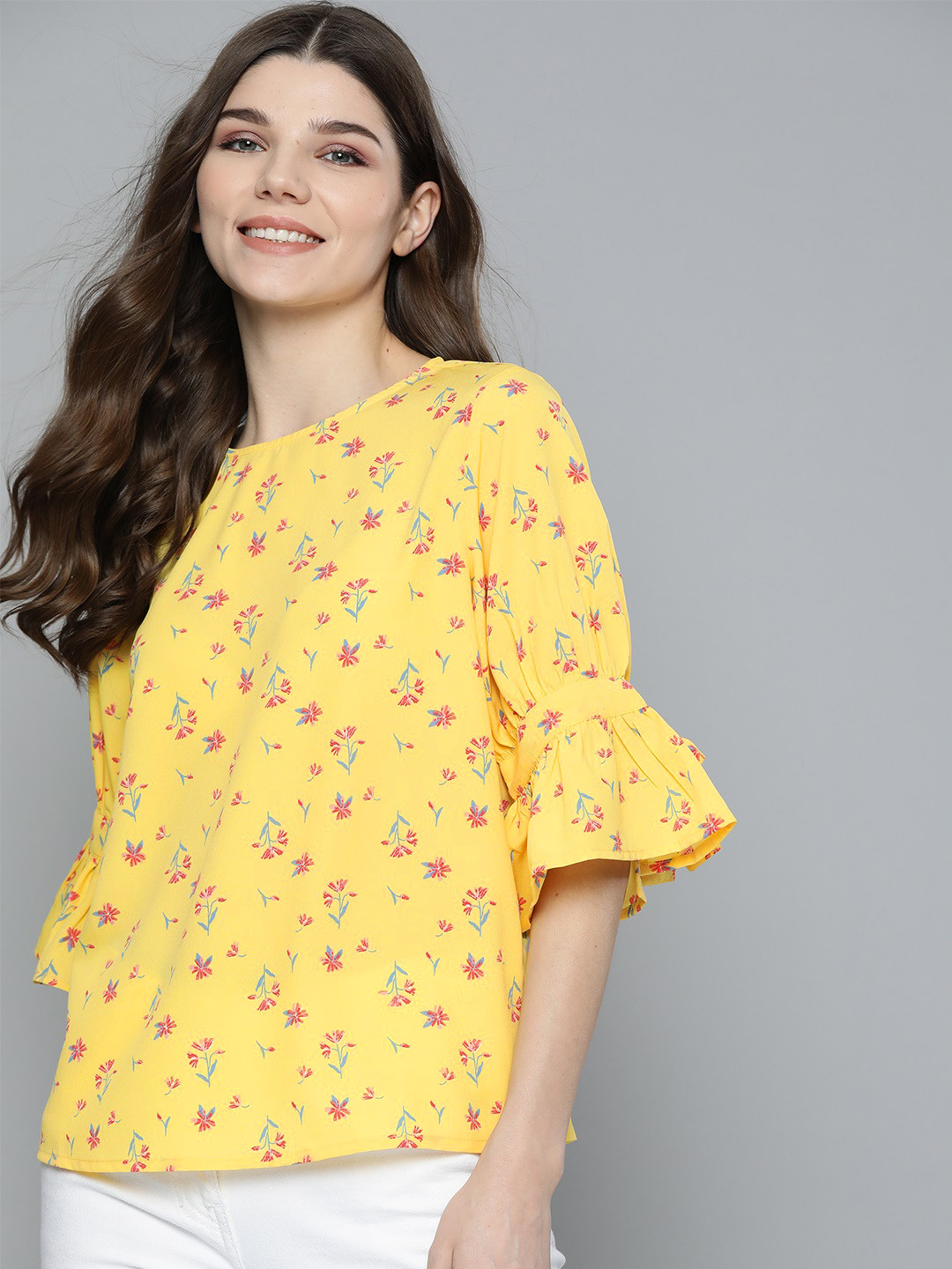 

Mast & Harbour Yellow & Pink Floral Printed Bell Sleeves Regular Top