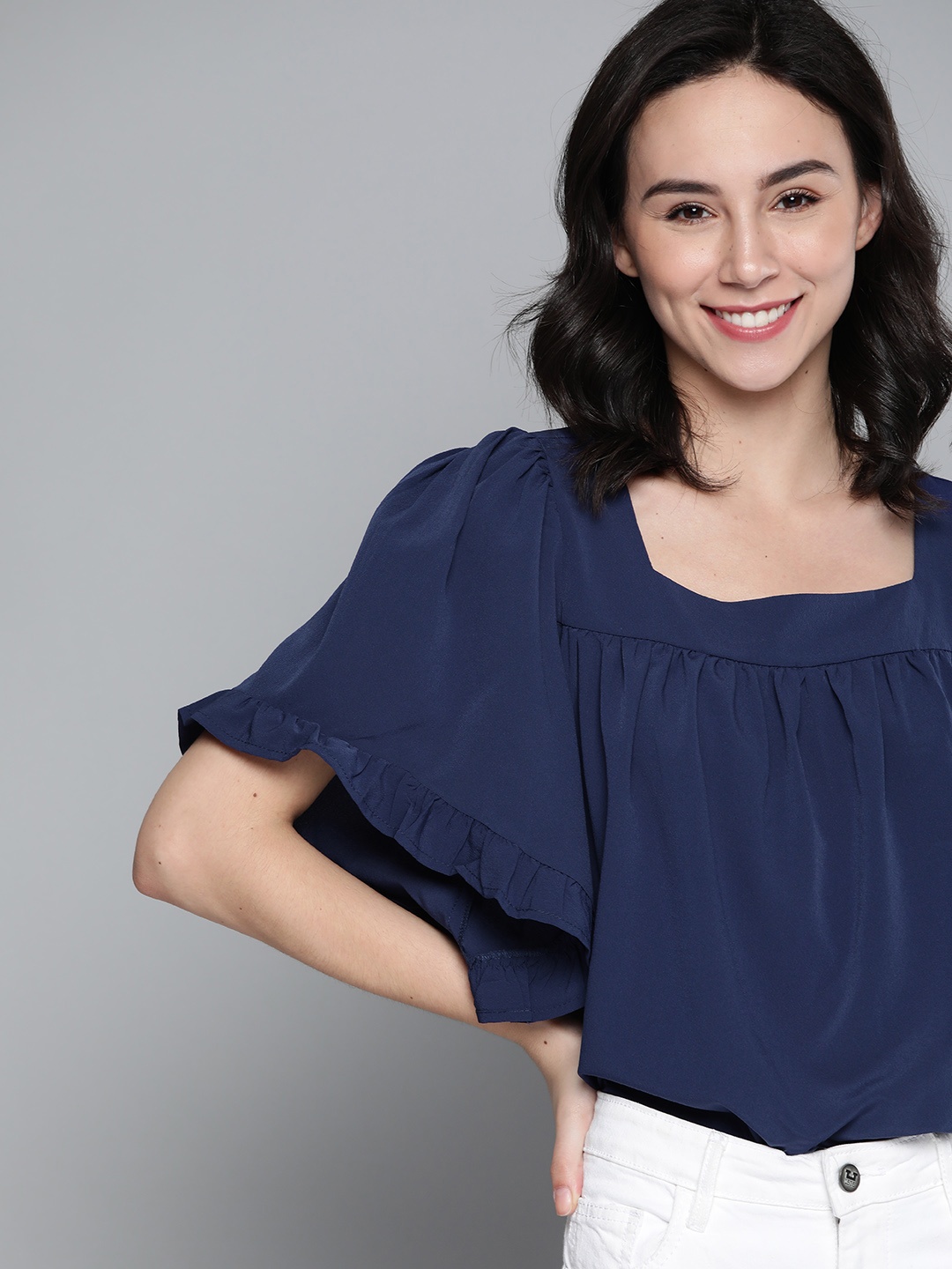 

M&H Our Water Sustainable Navy Blue Solid Flared Sleeves A-Line Top