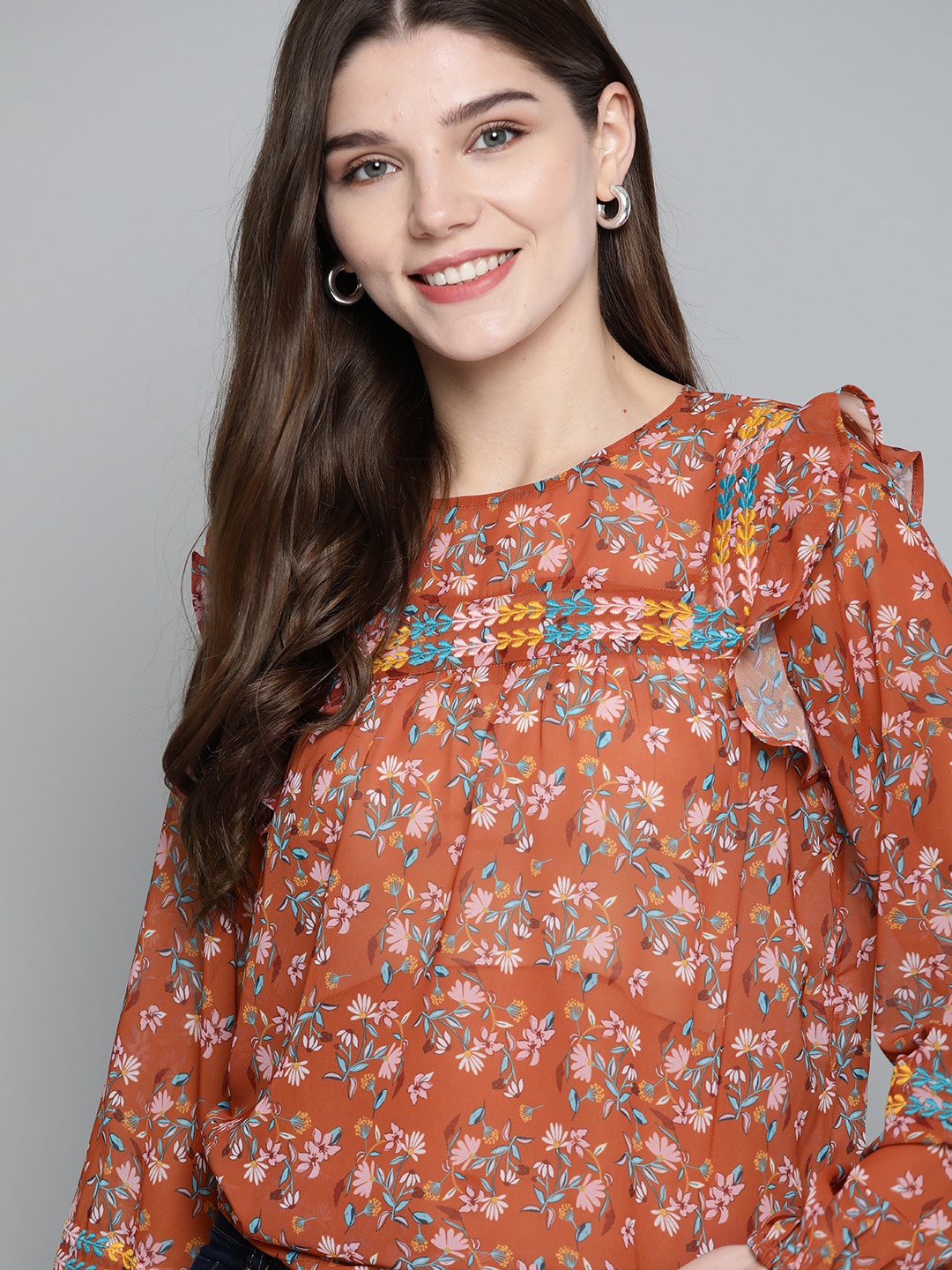 

Mast & Harbour Rust Brown & Pink Floral Printed Puff Sleeves Top