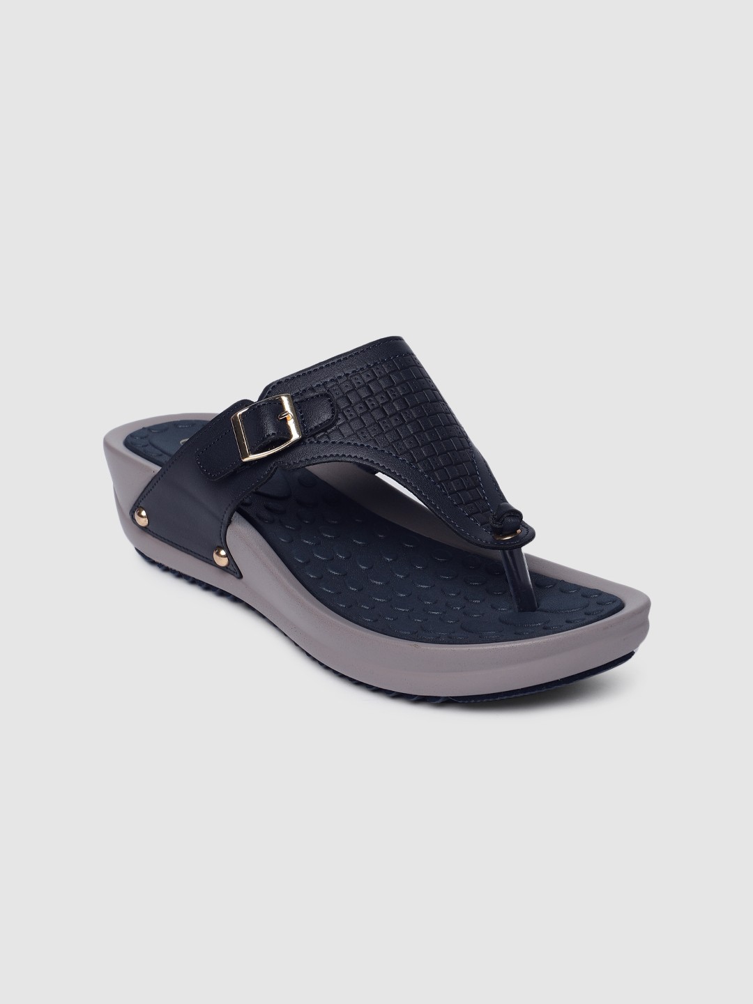 

CERIZ Women Navy Textured Comfort Heels with Buckle Detail, Navy blue