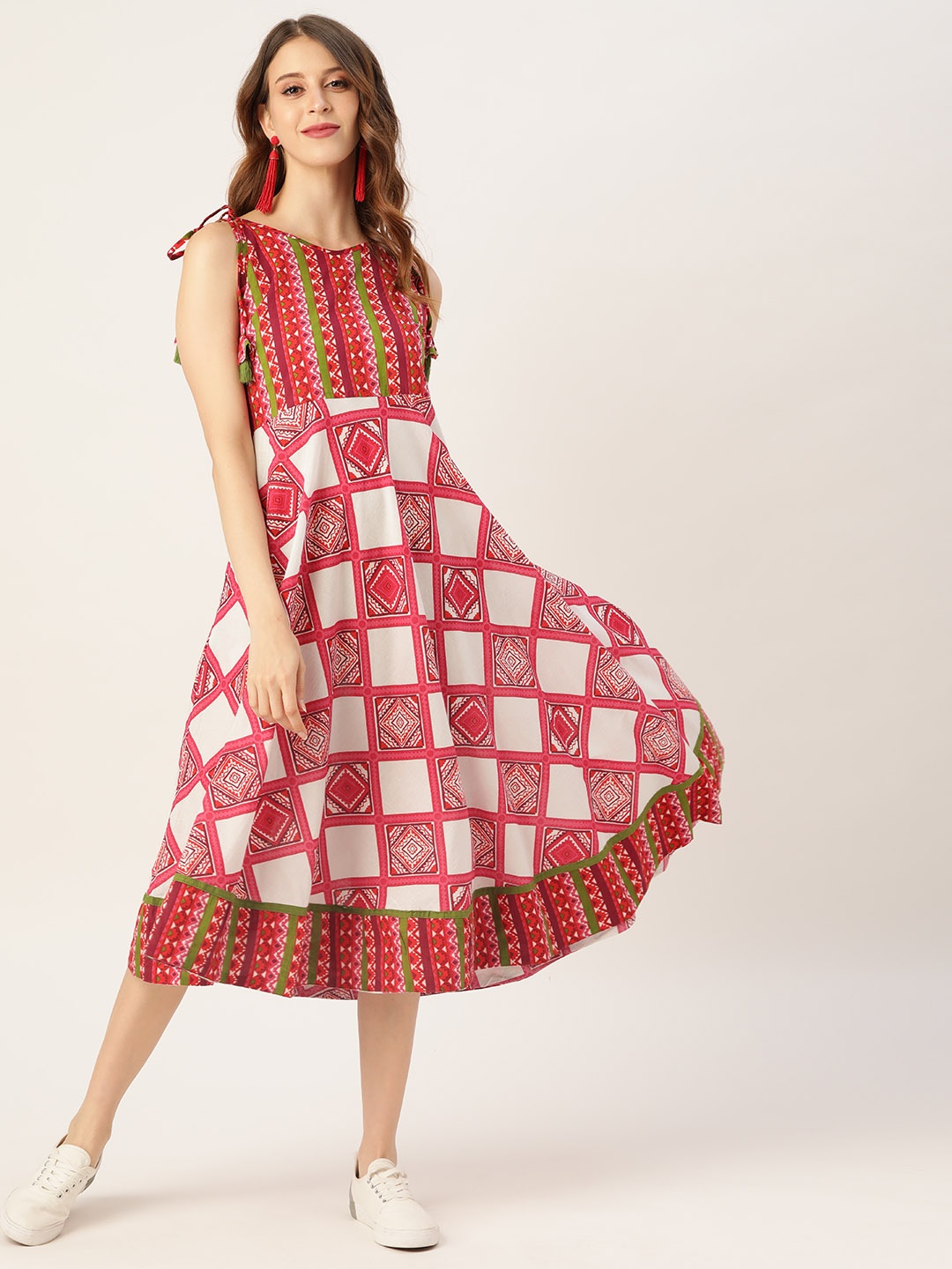 

Sangria Women Pink & White Checked Pure Cotton A-Line Dress