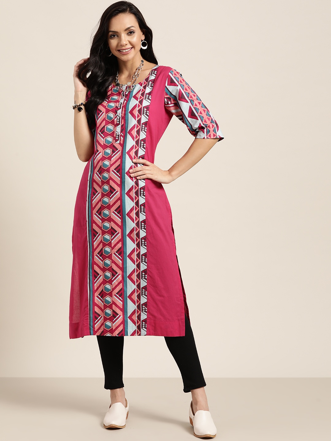 

Sangria Women Pink & Blue Pure Cotton Geometric Printed Kurta