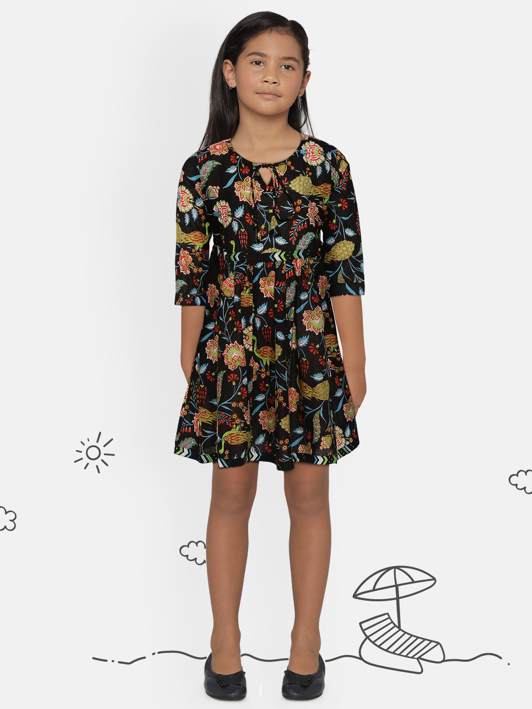 

Sangria Girls Black & Green Ethnic Motifs Print Pure Cotton A-Line Dress