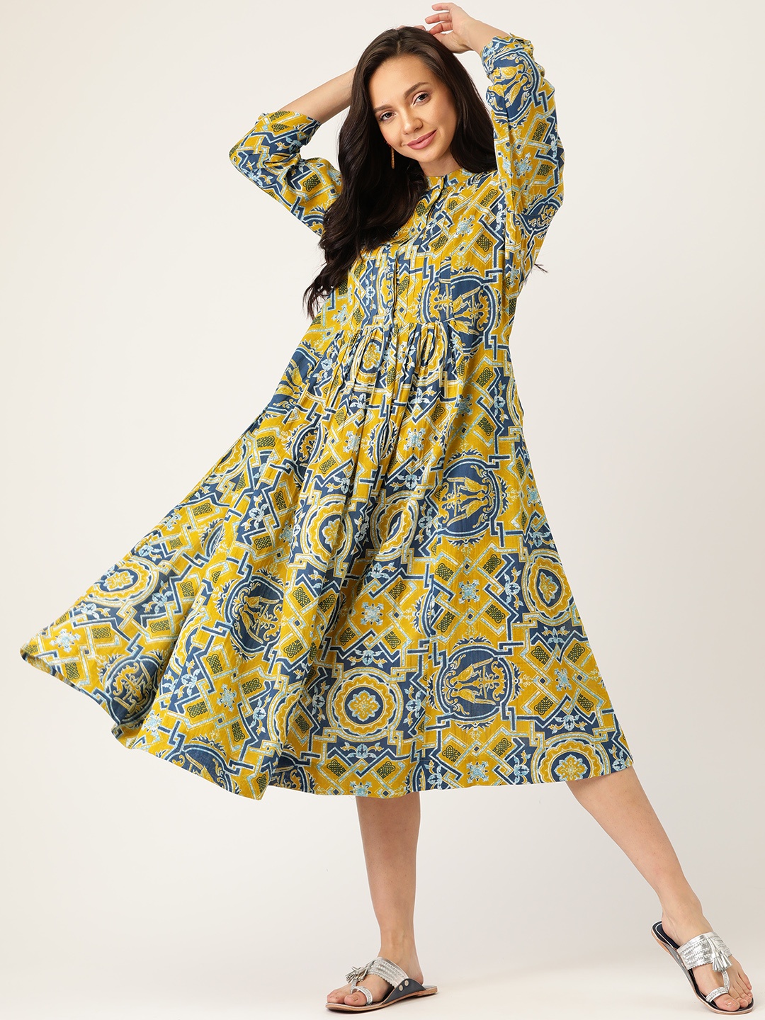 

Sangria Yellow & Blue Ethnic Motifs Pure Cotton A-Line Midi Dress