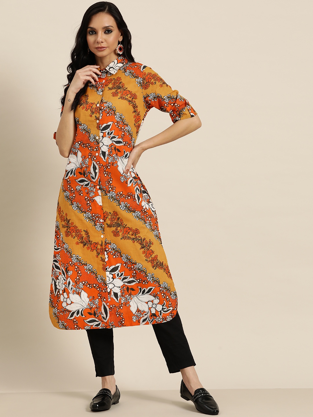 

Sangria Women Mustard Yellow & Orange Ethnic Motifs Print Cotton Pathani Kurta